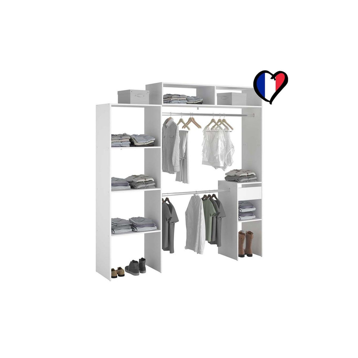 CONCEPT USINE Dressing blanc extensible avec penderie, étagères et tiroirs ELYSEE