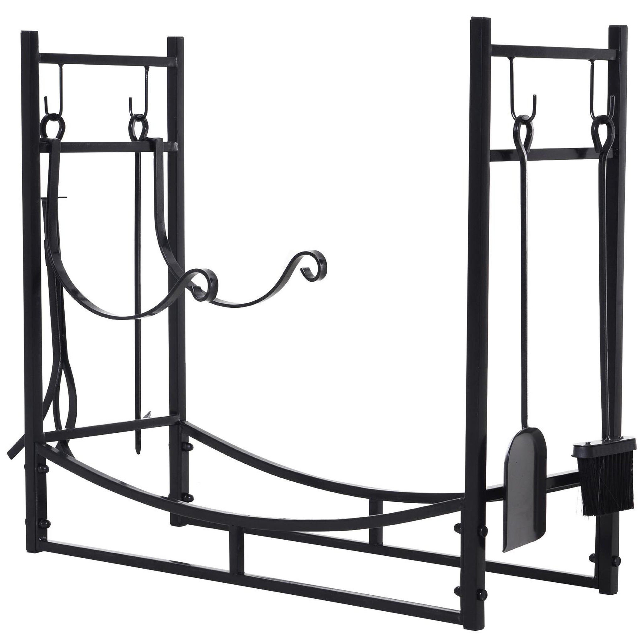 Voir la diapositive 1 : OUTSUNNY Serviteur de cheminée - porte bûches - range bûches multi accessoires étagère bûche et petit bois métal noir