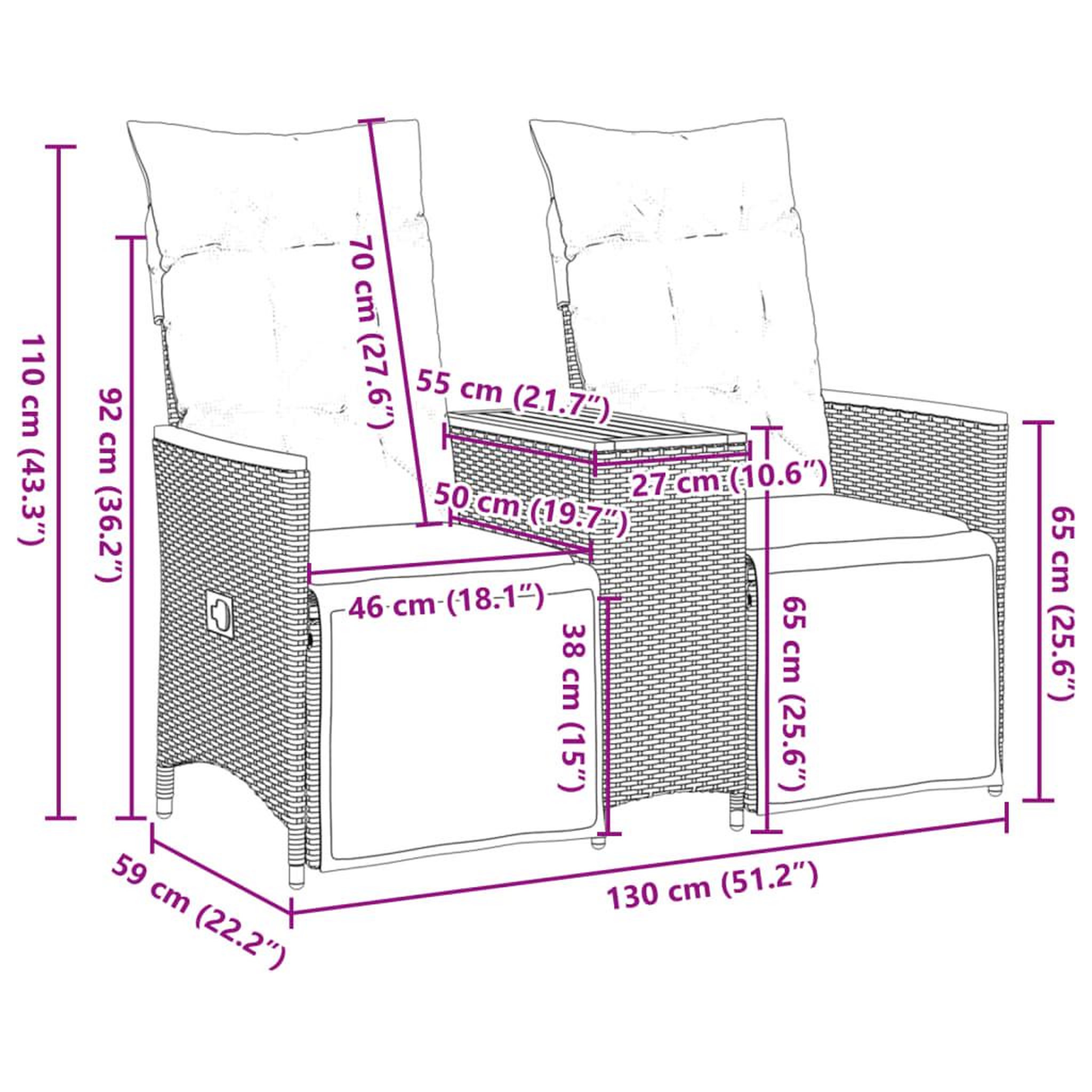 Voir la diapositive 6 : VIDAXL Canape de jardin inclinable 2 places avec table gris poly rotin