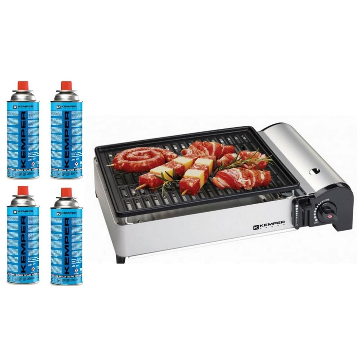 Kemper Barbecue à gaz 1900W Grille anti adhesive + 4 cartouches gaz camping KEMPER