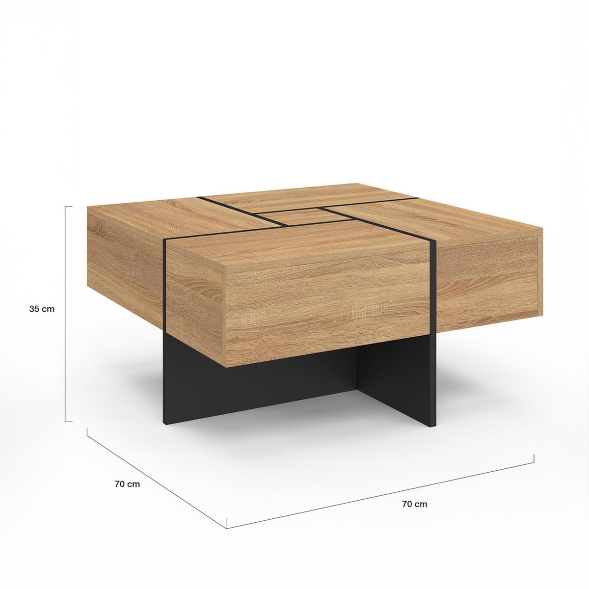 ID MARKET Table basse carrée TALIA 70 cm avec tiroirs bois et noir