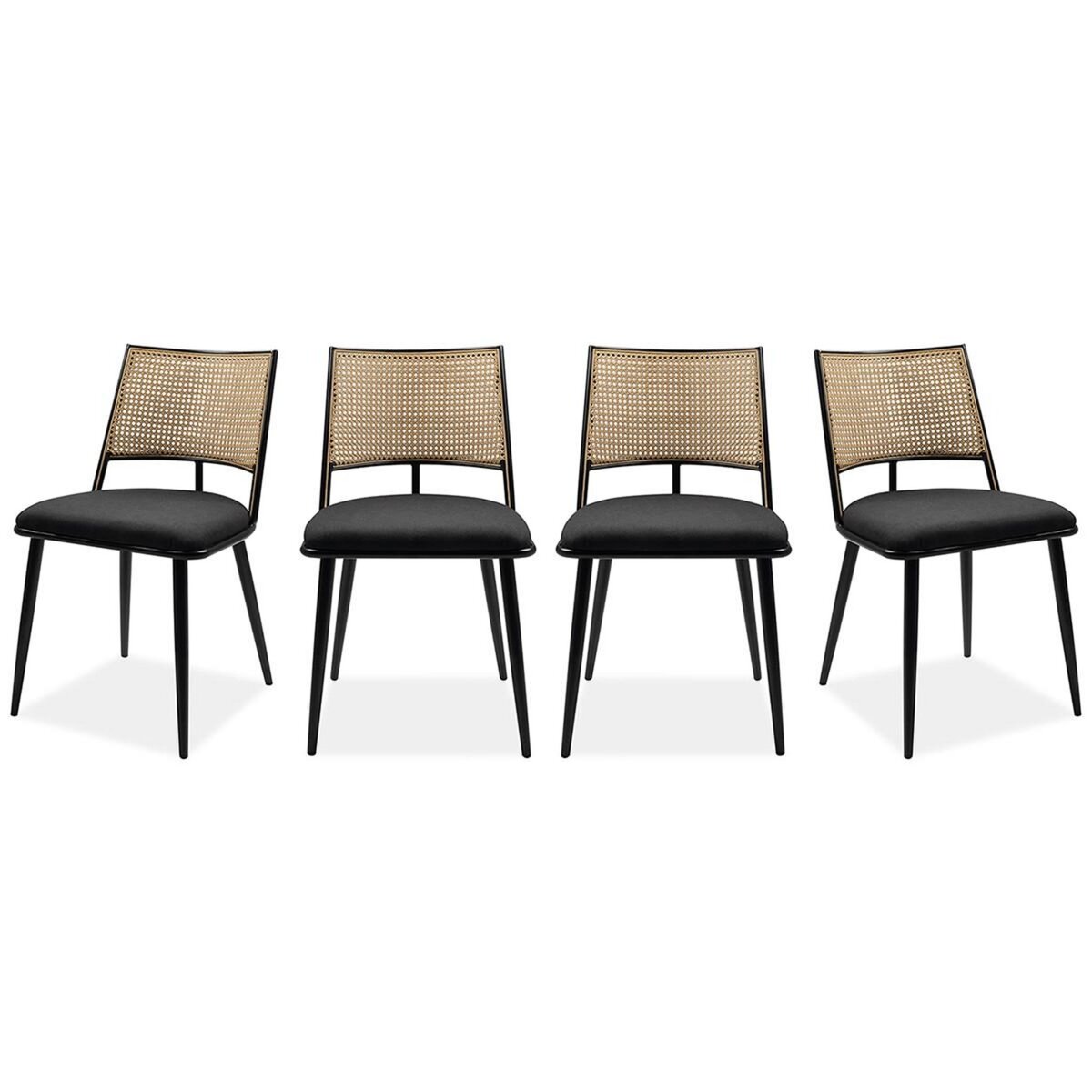 HOMIFAB Lot de 4 chaises en tissu noir et cannage - Niels