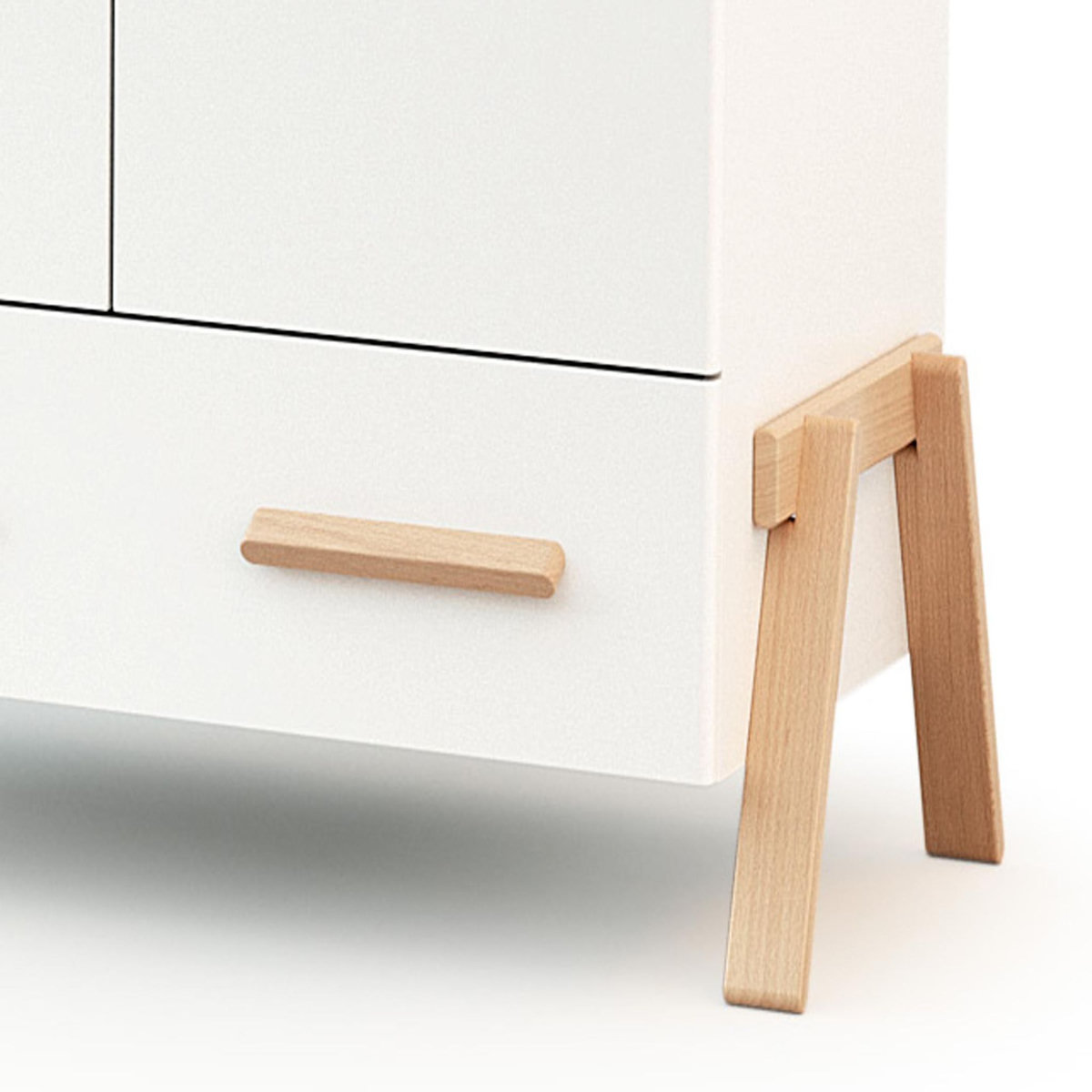 AT4 Armoire enfant 2 portes en bois CANAILLE Blanc et Hêtre 108 x 53 x176 cm