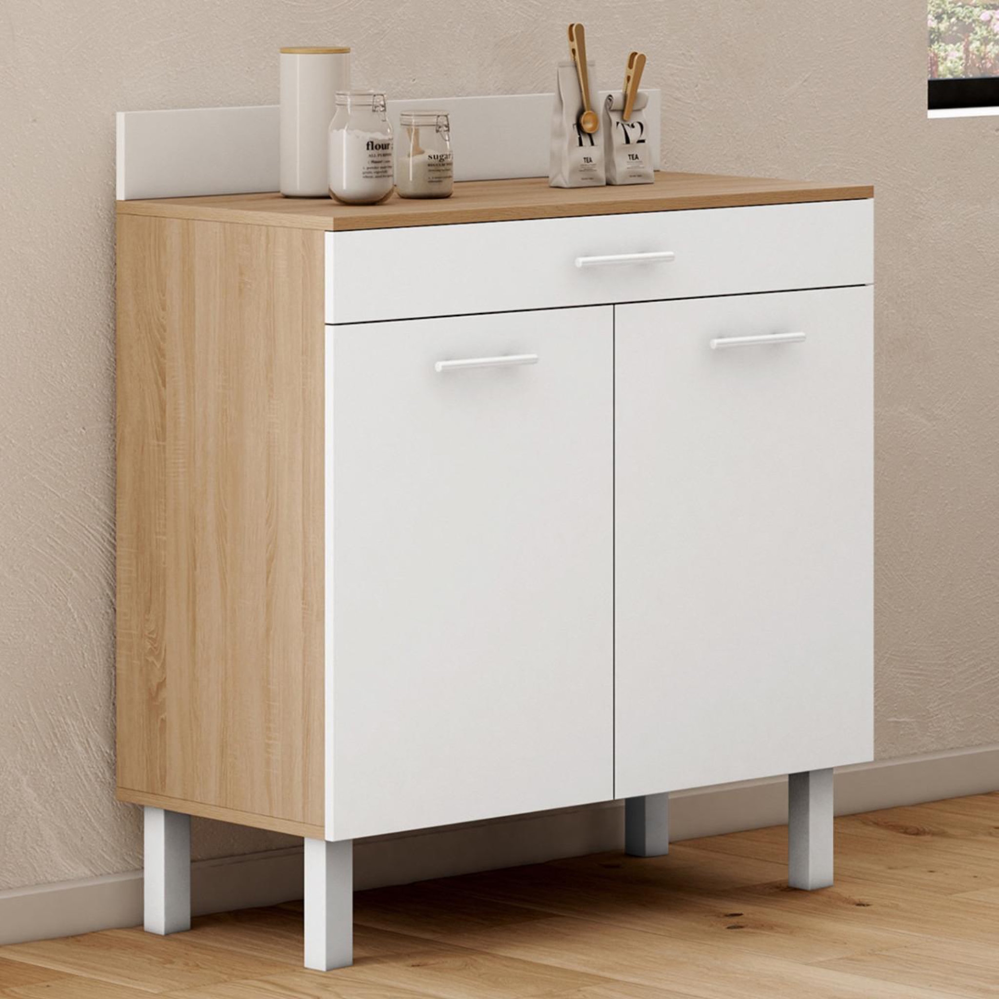 ID MARKET Buffet bas de cuisine 80 cm cina plan de travail h.83 cm 2 portes + tiroir façon hêtre et blanc
