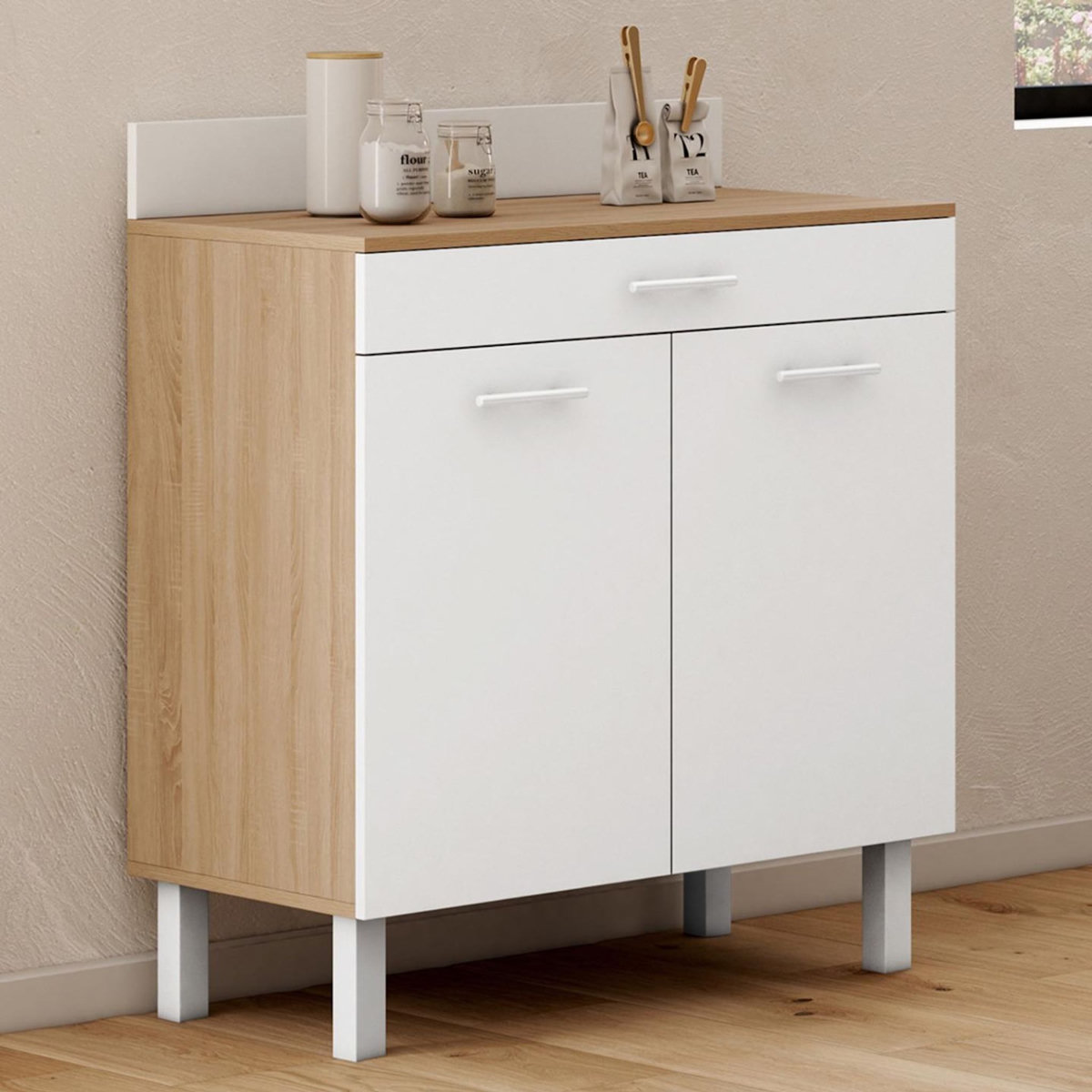 ID MARKET Buffet bas de cuisine 80 cm CINA plan de travail H.83 cm 2 portes + tiroir façon hêtre et blanc