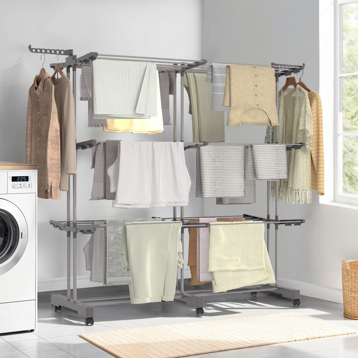 ID MARKET Séchoir à linge vertical pliable et extensible 3 niveaux MAXI capacité 40M inox et gris