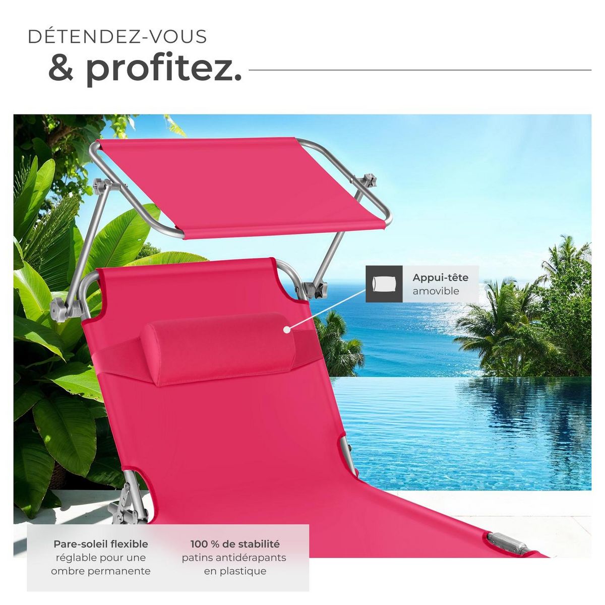 tectake Transat en acier pliable rose vif