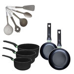 Fackelmann Lot de 2 poêles 16/20 cm et 3 casseroles 16/18/20 cm Fackelmann Brandao avec 5 ustensiles de cuisine