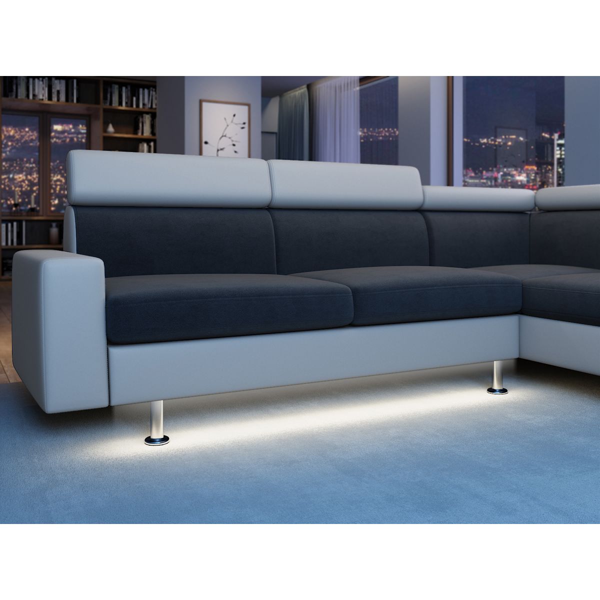 Canapé d'angle 4-5 places fixe avec LED  TOMY- Simili blanc - Microfibre grise - Angle droit