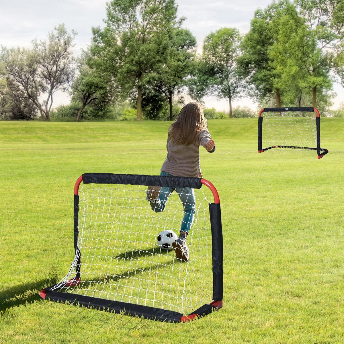 HOMCOM Set de 2 mini cages de football pliables avec filet - dim. 90L x 36l x 60H cm - métal époxy rouge oxford noir