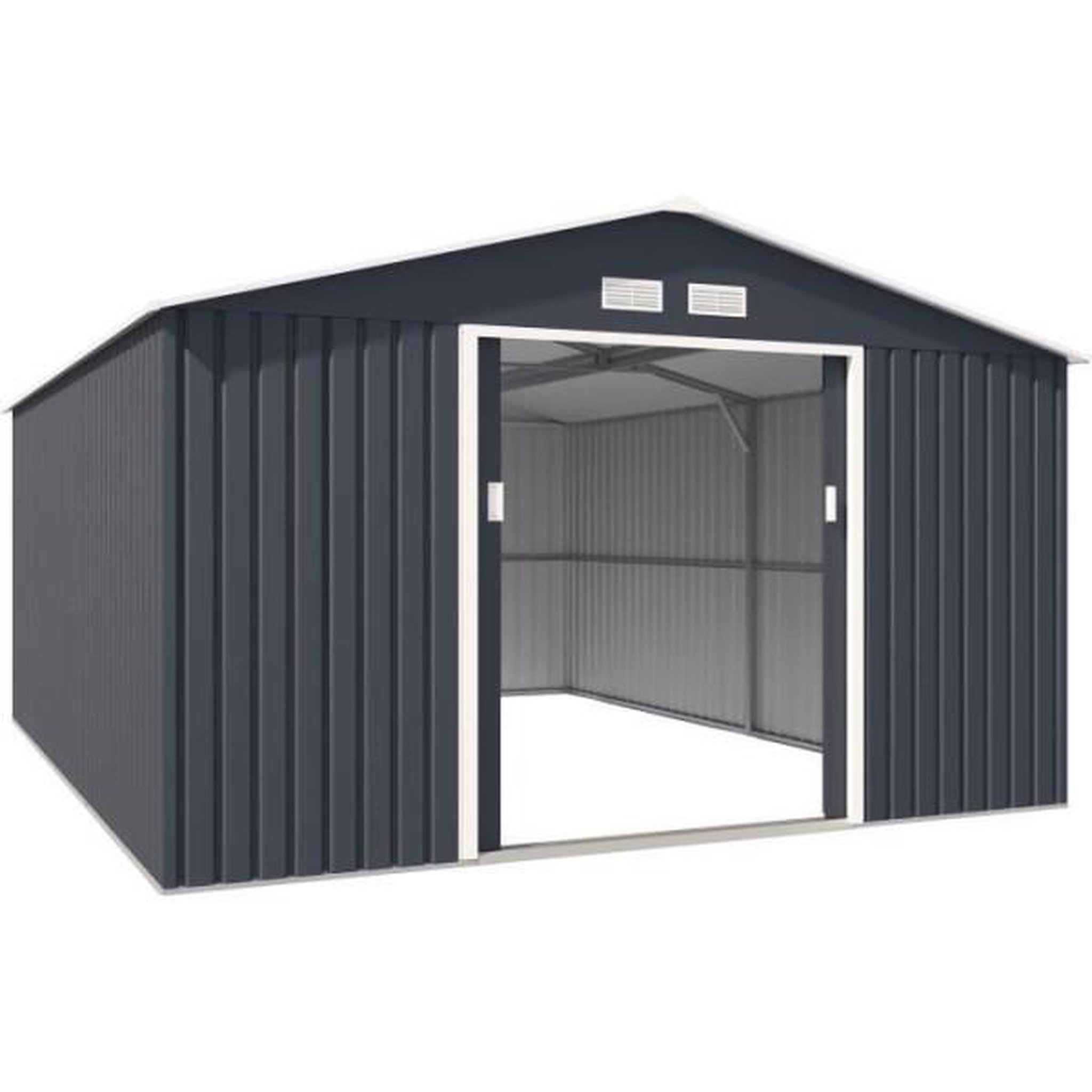 Voir la diapositive 3 : MARKET24 SATURNE Abri de jardin en métal 15,16 m² - 340 x 446 x 210 - Kit d'ancrage inclus, 2 portes coulissantes - Gris