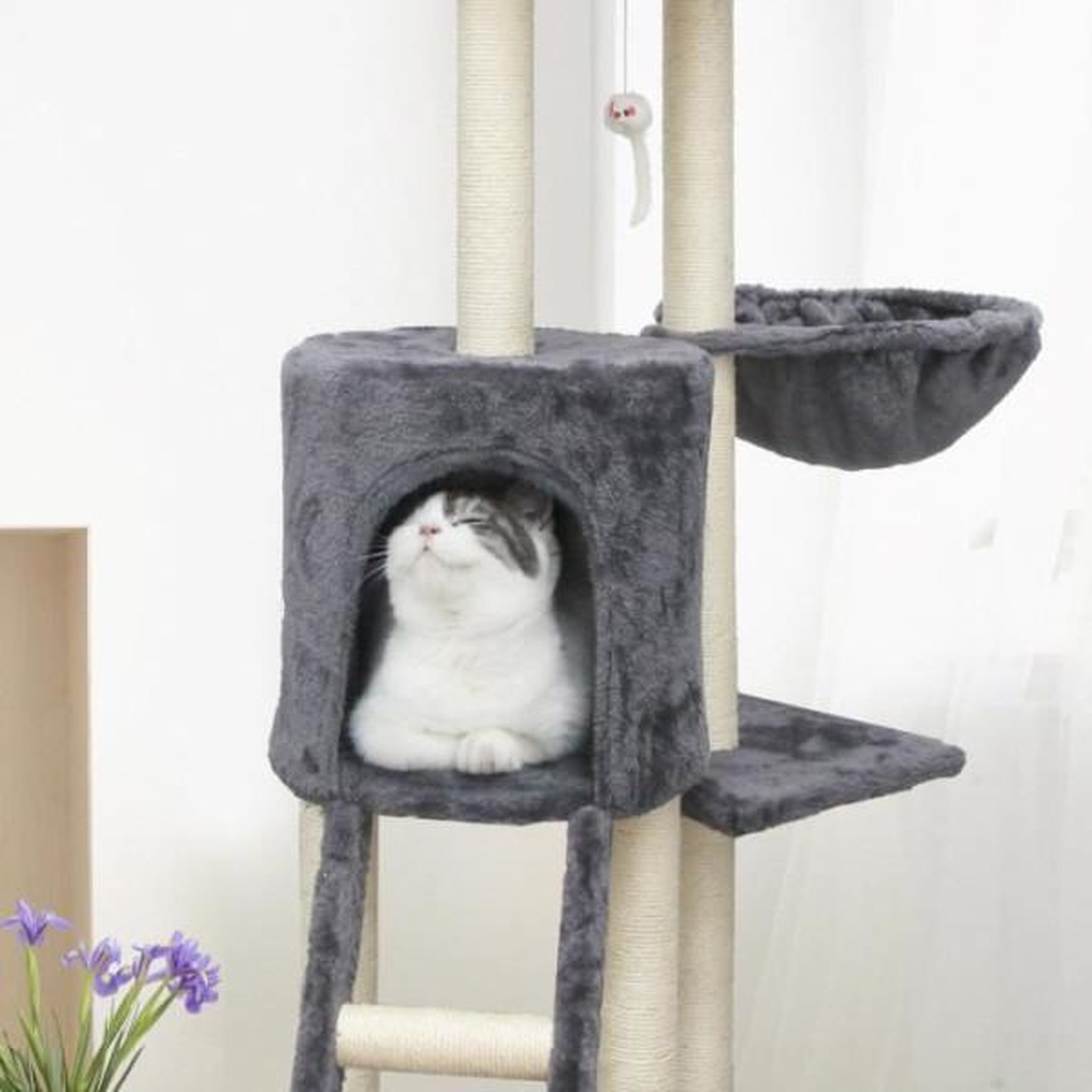 Voir la diapositive 4 : MARKET24 JIPSY Arbre a chat gris 79 x 34 x 138 cm - 3 plateformes, 1 perchoir, 1 niche, 1 escalier, poteaux a griffer