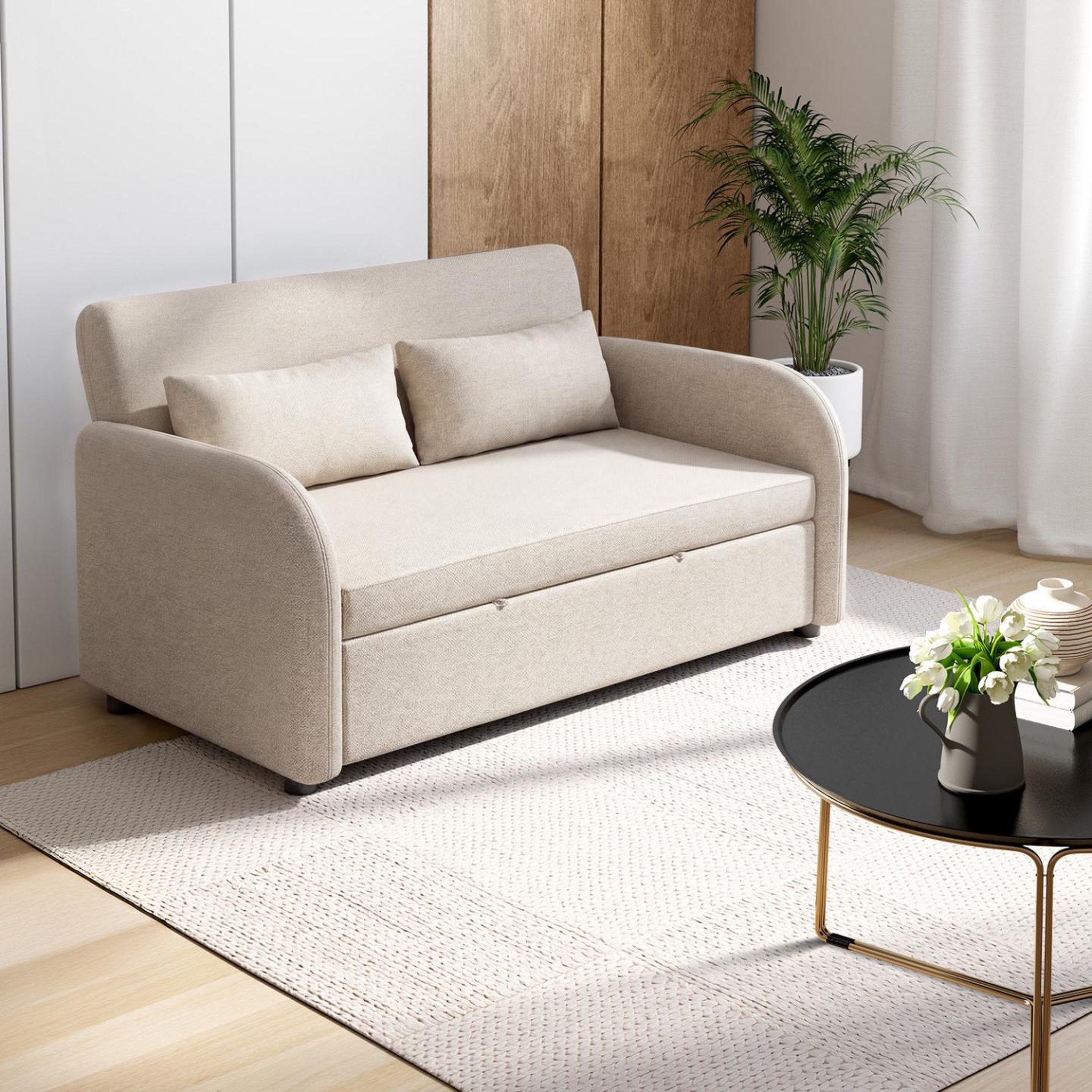 Voir la diapositive 2 : ID MARKET Canapé droit 2 places convertible noah en tissu beige