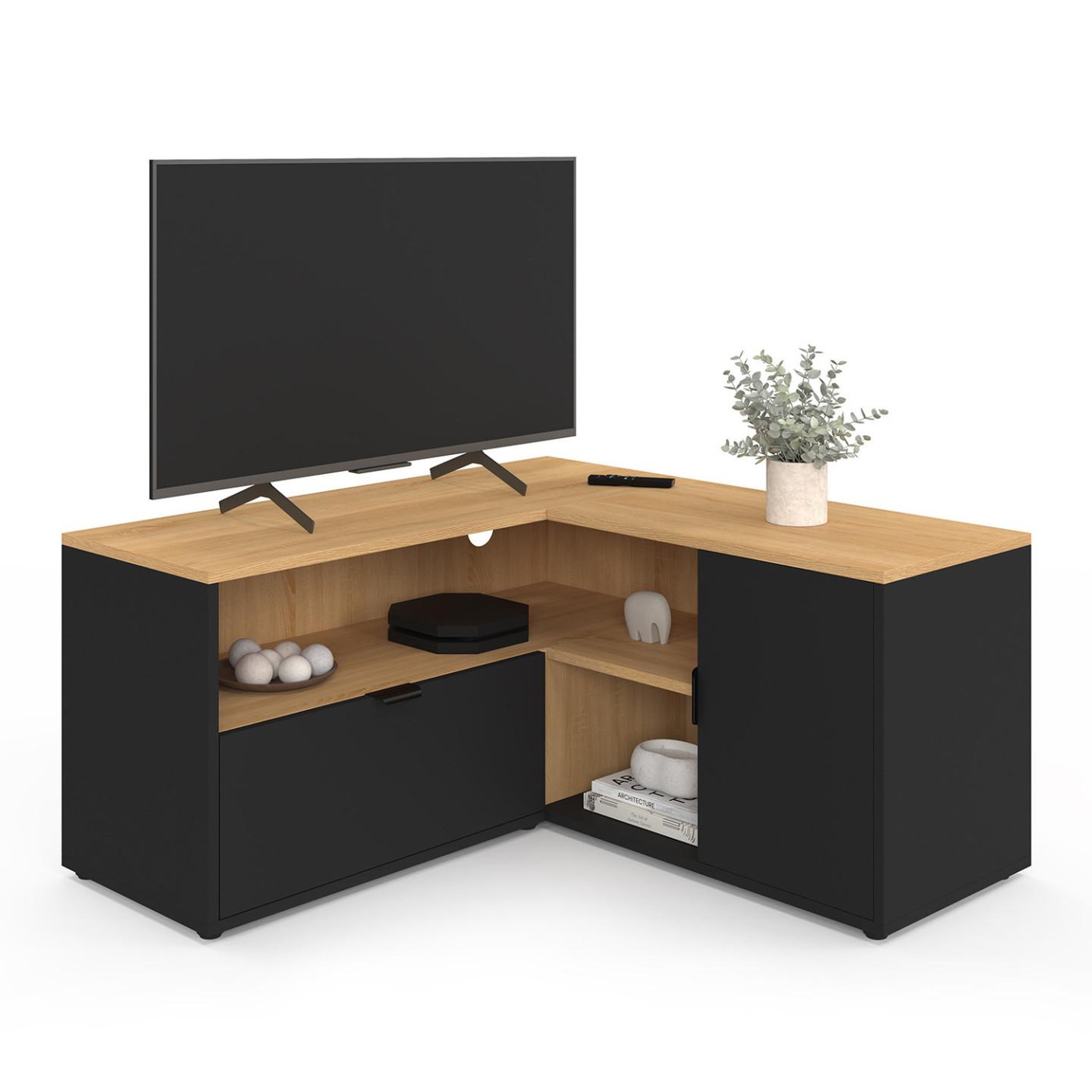 ID MARKET Meuble tv 90 x 90 cm d'angle baltazar façon hêtre et noir