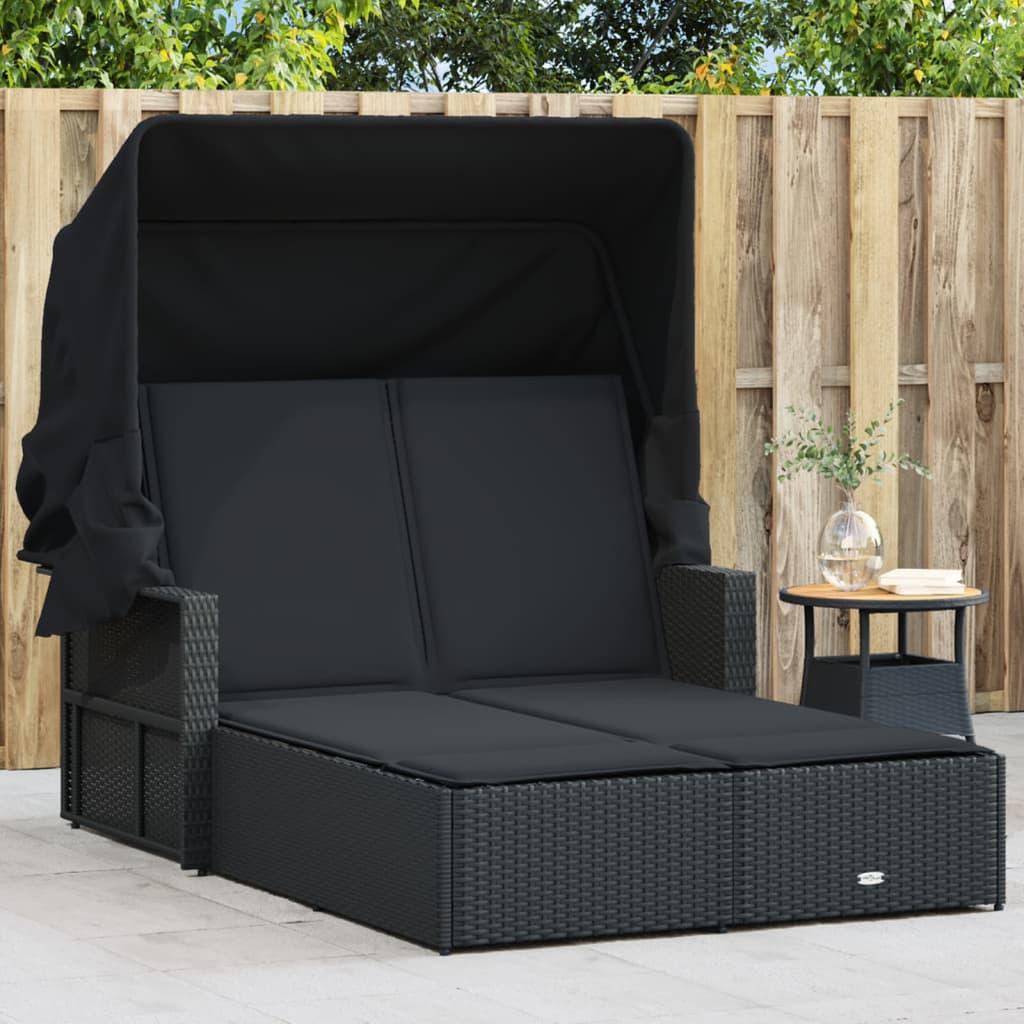 VIDAXL Chaise longue double et auvent et coussins noir resine tressee