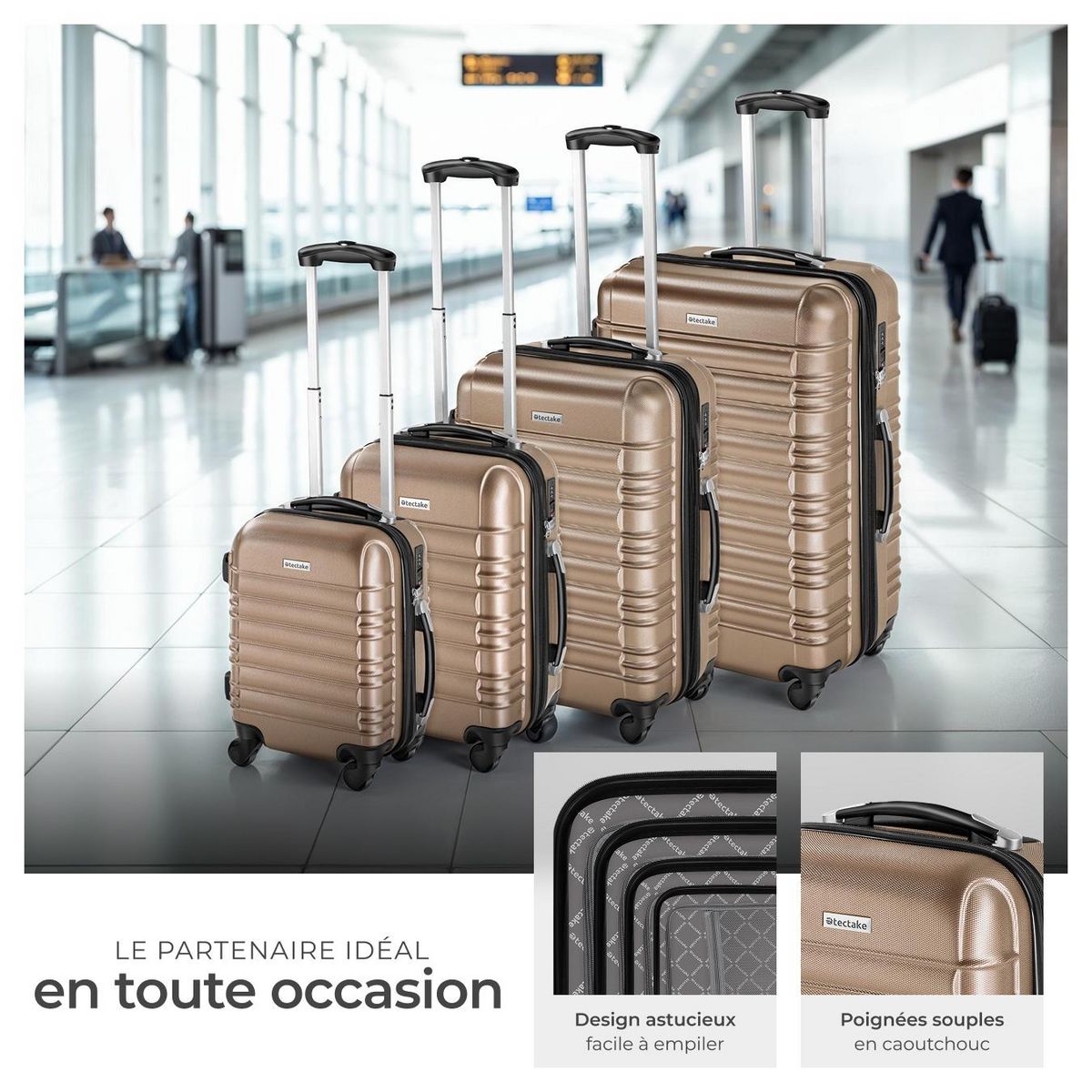 tectake Set de valises trolley rigides 4 parties, en plastique ABS robuste champagne