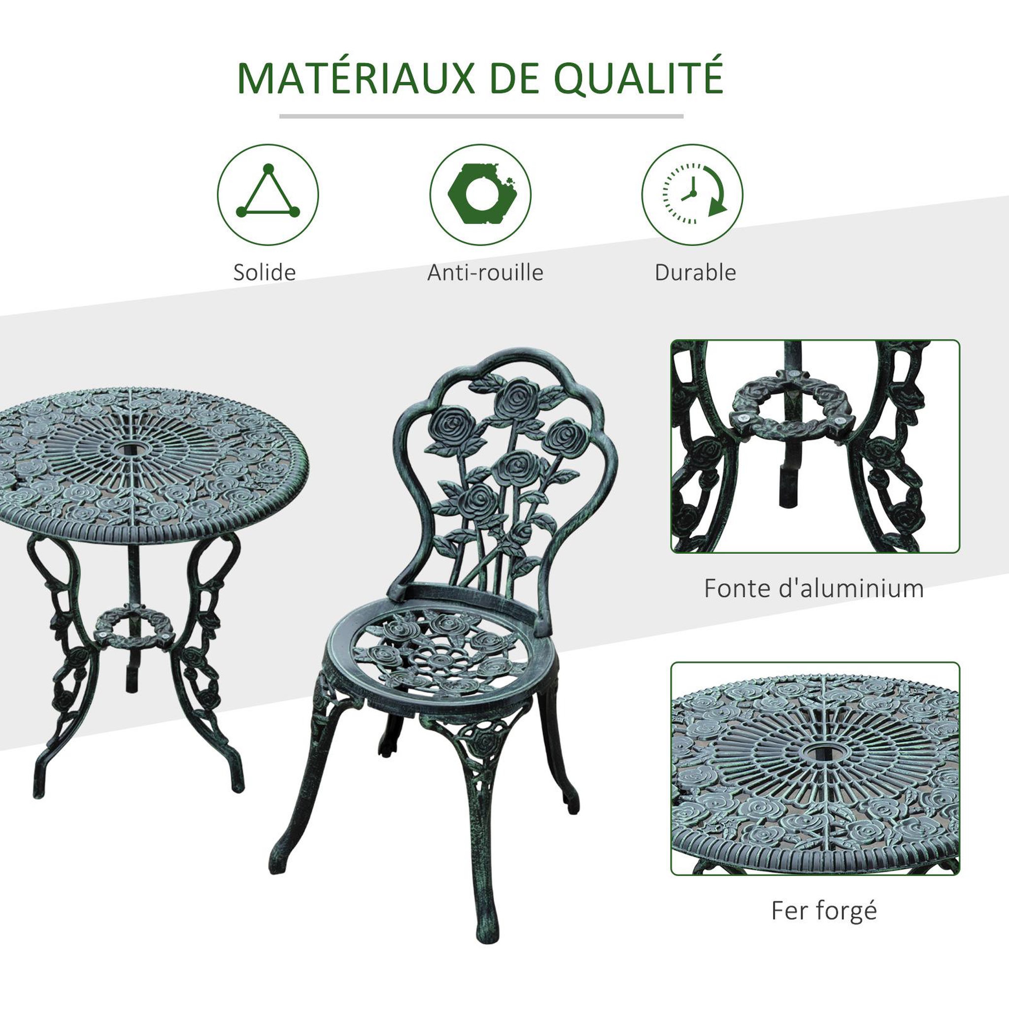 Voir la diapositive 5 : OUTSUNNY Ensemble salon de jardin 2 places 2 chaises + table ronde style néo-rétro motif rose lignes fuselées fonte d'aluminium vert vieilli