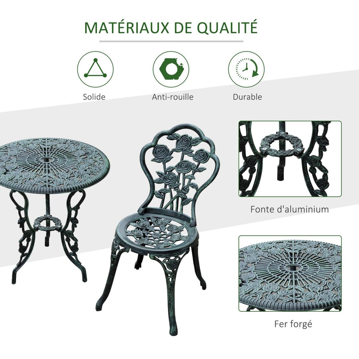 OUTSUNNY Ensemble salon de jardin 2 places 2 chaises + table ronde style néo-rétro motif rose lignes fuselées fonte d'aluminium vert vieilli