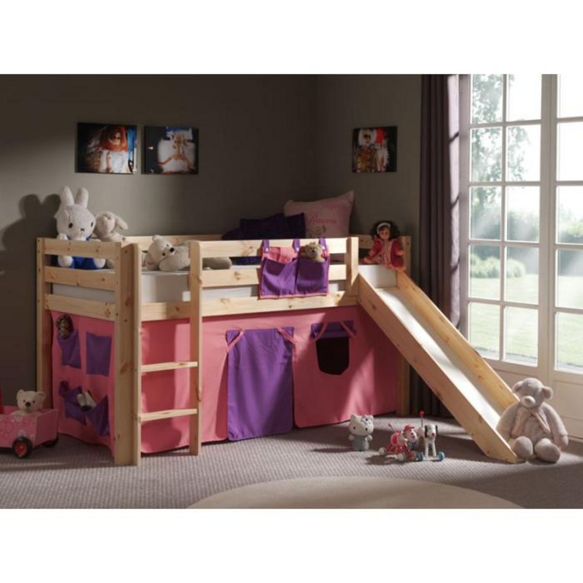 Paris Prix Lit Enfant Avec Toboggan  Pino Rose  90x200cm Naturel