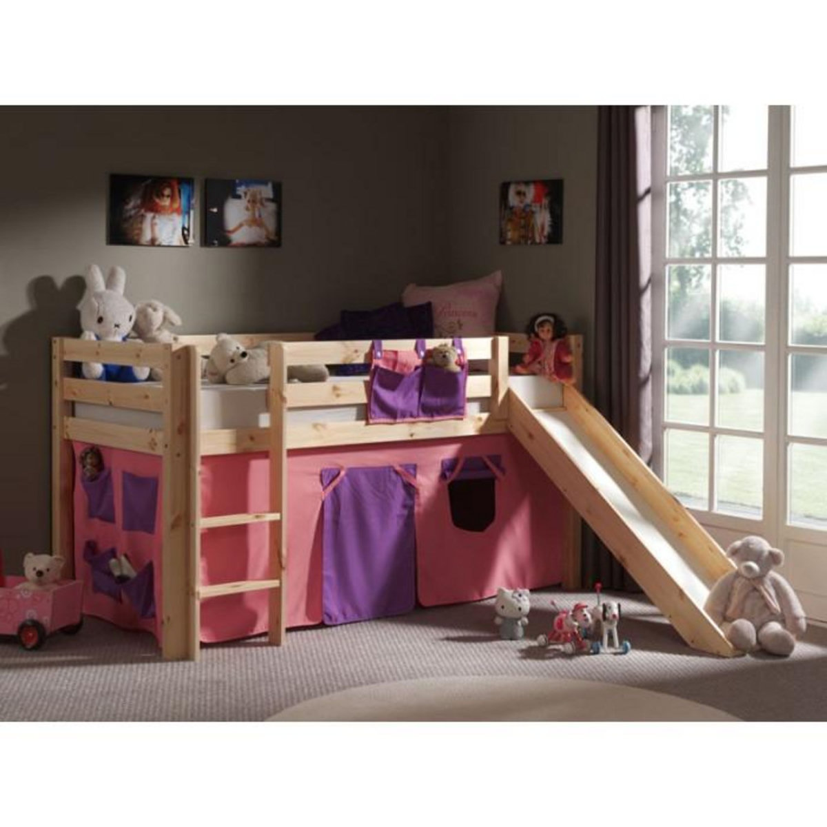 Paris Prix Lit Enfant Avec Toboggan  Pino Rose  90x200cm Naturel
