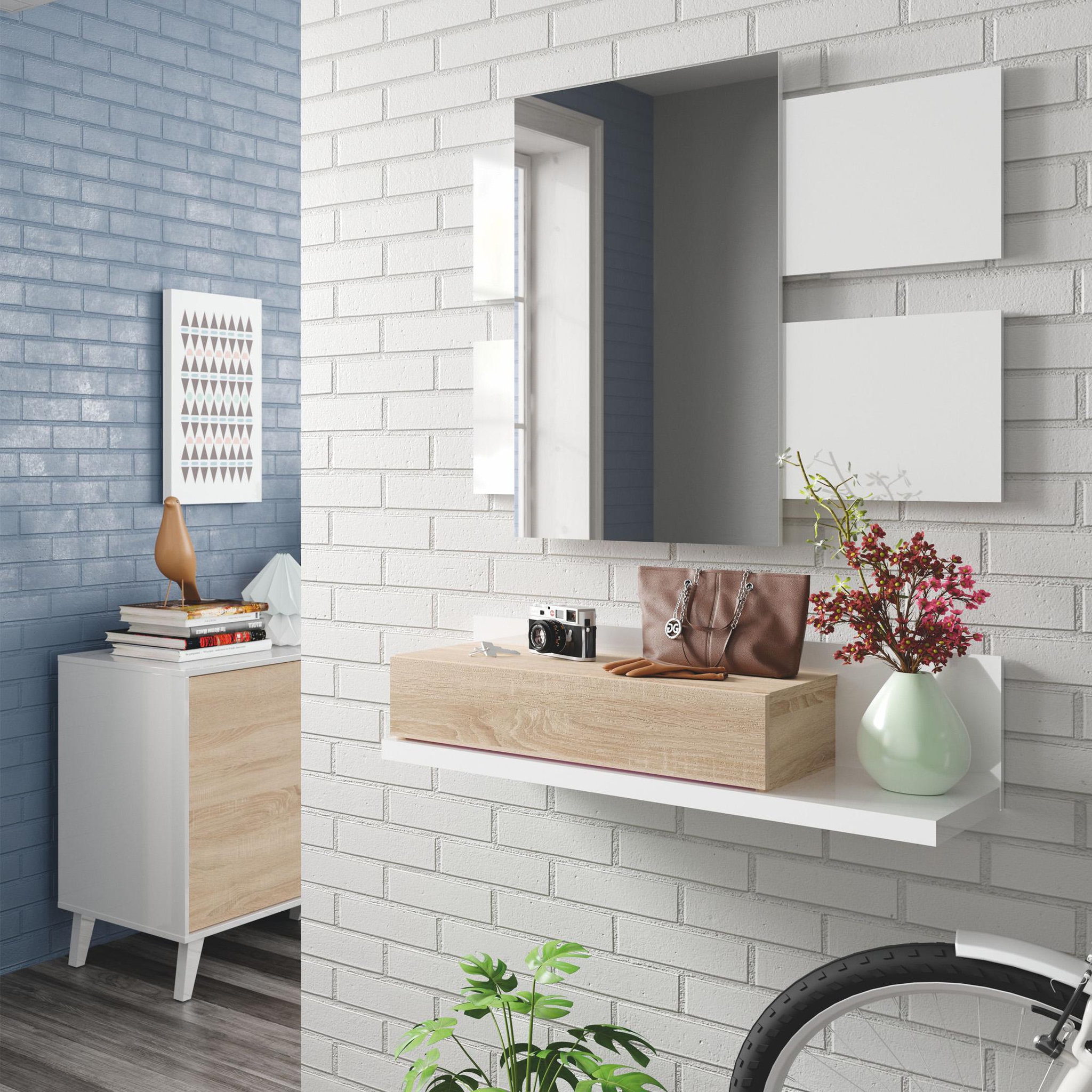 Voir la diapositive 4 : VS VENTA-STOCK Meuble d'entrée Telma avec 1 tiroir et Miroir Blanc/Chêne, 75 cm Largeur