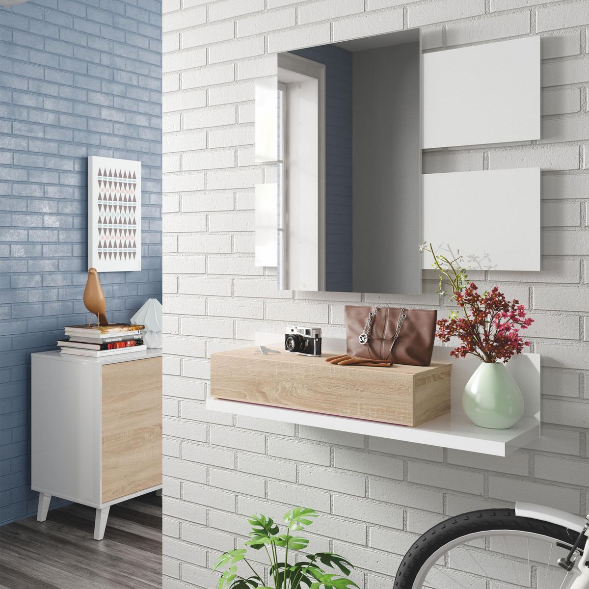 VS VENTA-STOCK Meuble d'entrée Telma avec 1 tiroir et Miroir Blanc/Chêne, 75 cm Largeur