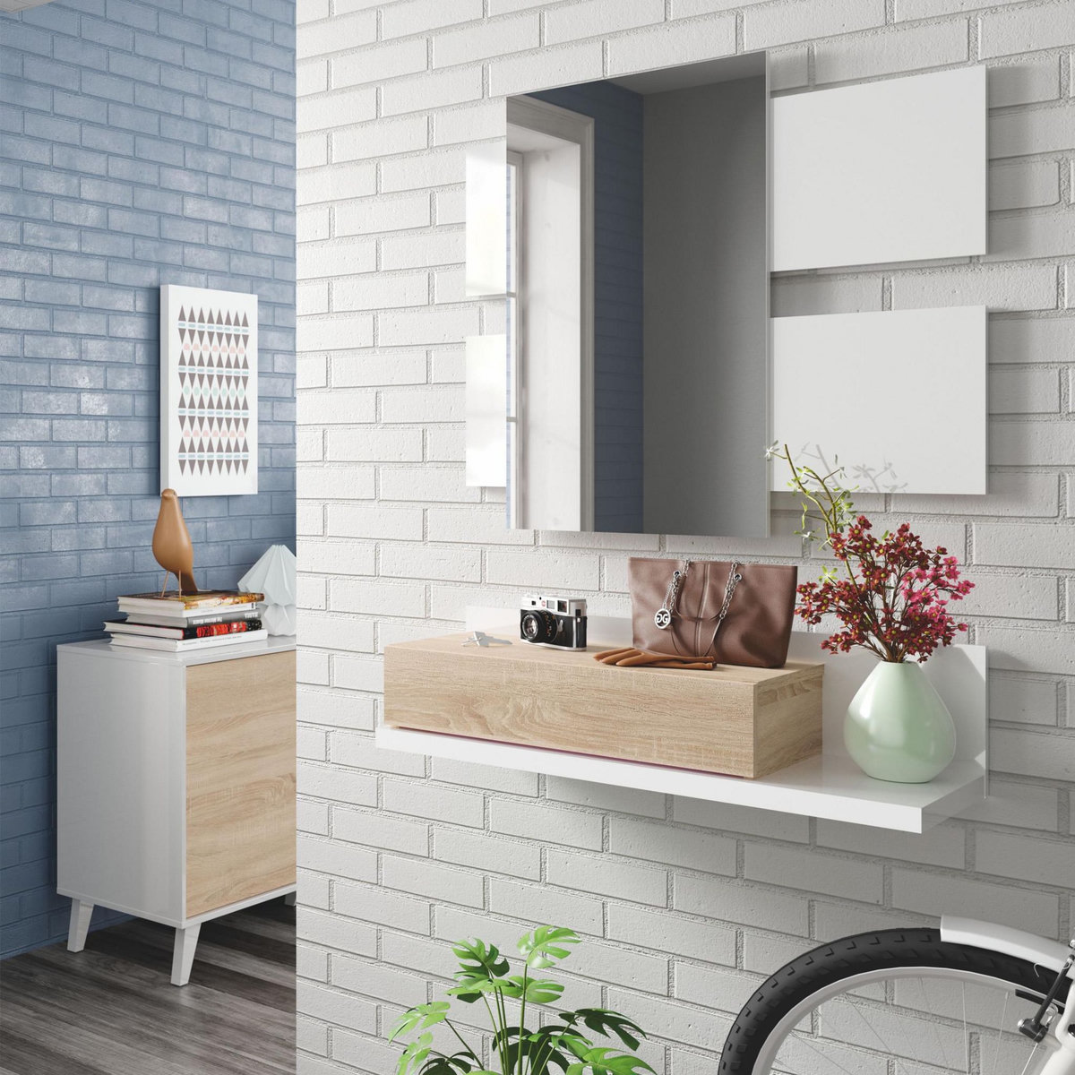 VS VENTA-STOCK Meuble d'entrée Telma avec 1 tiroir et Miroir Blanc/Chêne, 75 cm Largeur