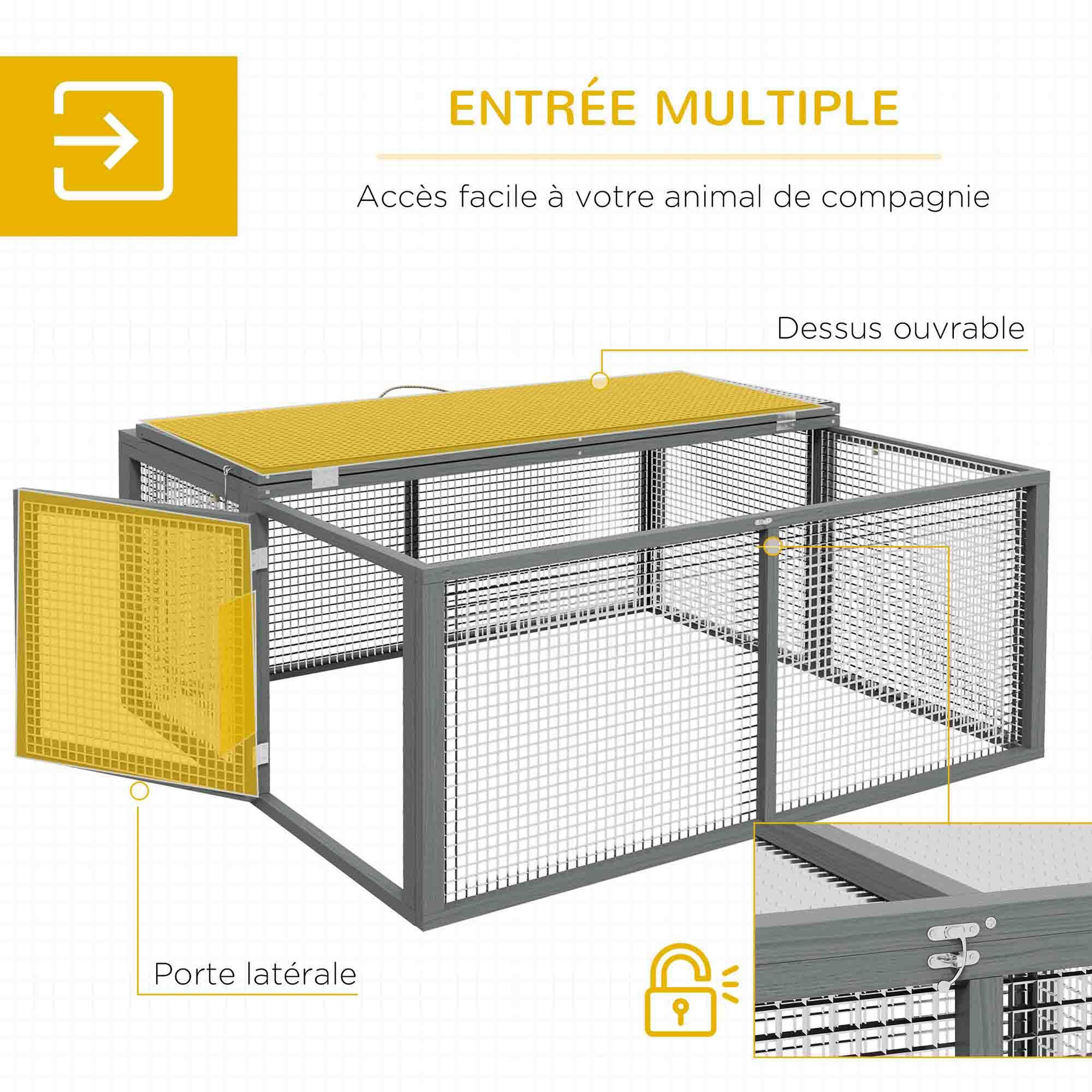 Voir la diapositive 4 : PAWHUT Clapier pliable avec poignée - cage à lapin - toit ouvrant, porte - 110 x 105 x 50 cm - acier bois gris