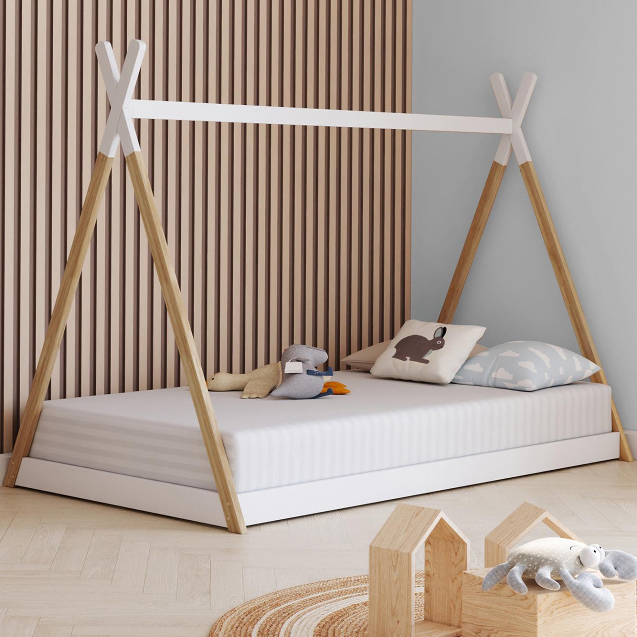 Voir la diapositive 2 : ID MARKET Lit tipi enfant 90 x 190 cm come avec sommier bois et blanc