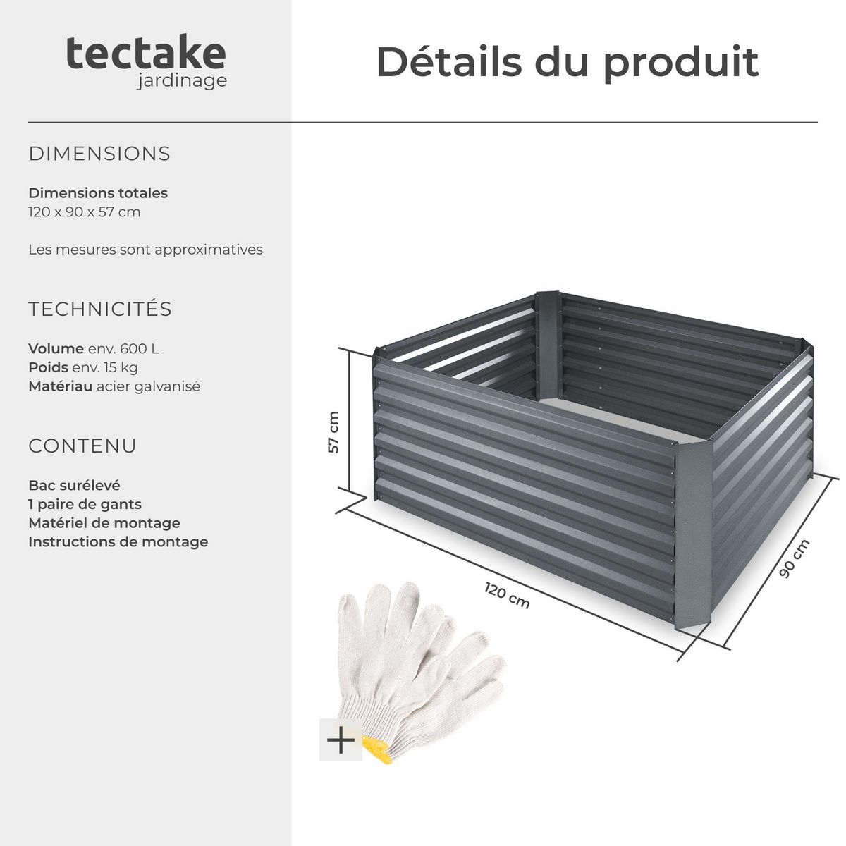 tectake Carré potager 600 L en acier galvanisé argent
