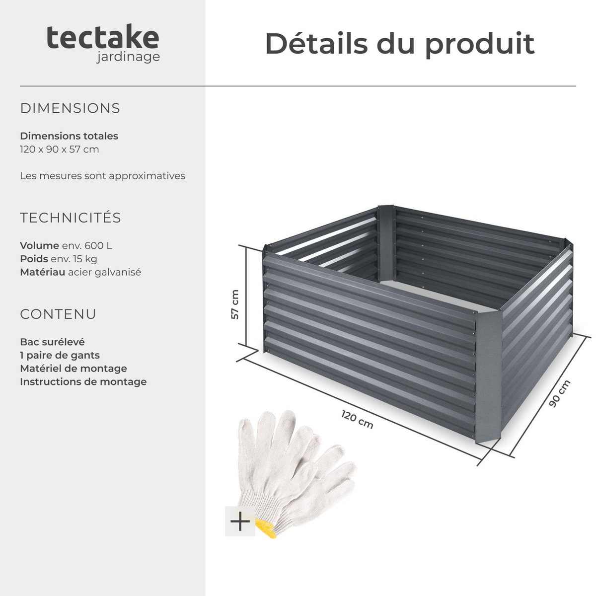 tectake Carré potager 600 L en acier galvanisé argent