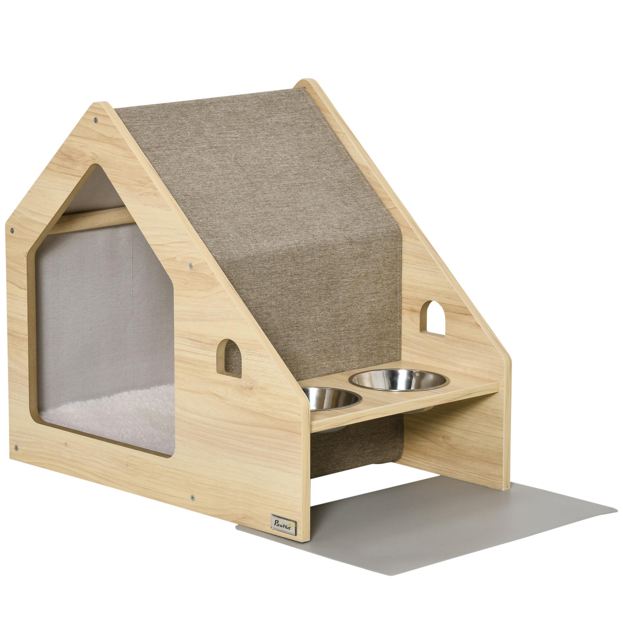 Voir la diapositive 1 : PAWHUT Niche d'intérieur pour chien et chat design avec 2 gamelles et coussin amovible MDF aspect bois clair tissu brun clair