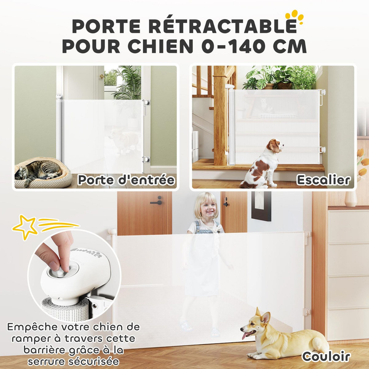 PAWHUT Barrière de sécurité chien rétractable 0-140 cm H.86 cm verrouillage auto alu PVC blanc
