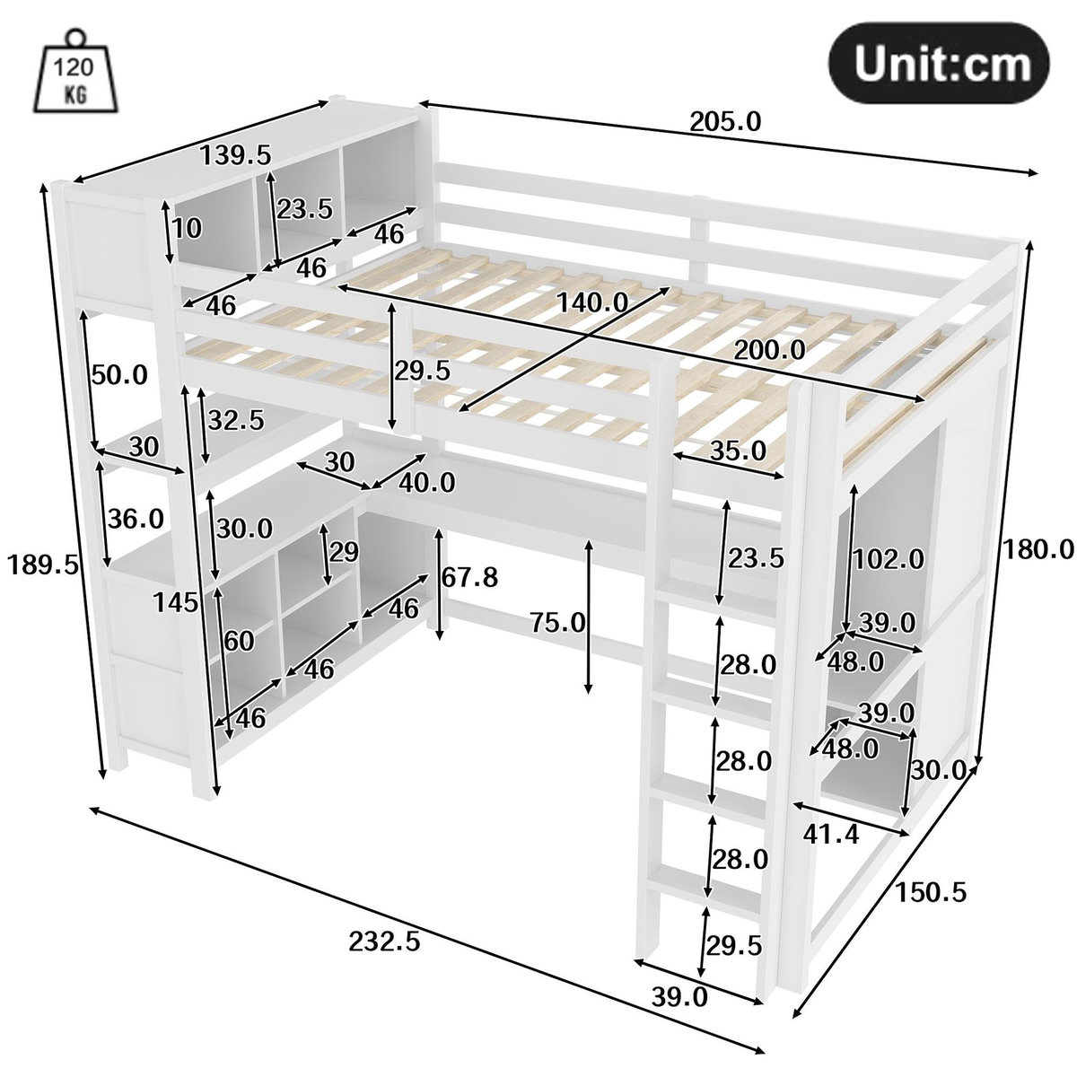 MERAX Lit combiné enfant 140x200 cm coloris blanc pin