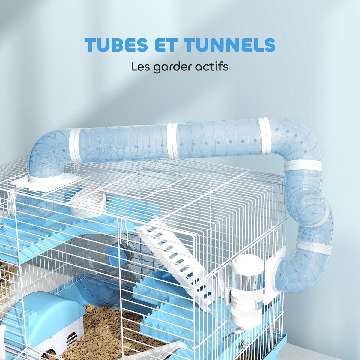 PAWHUT Cage pour hamster portable 2 portes 2 étages nombreux accessoires et tubes blanc bleu