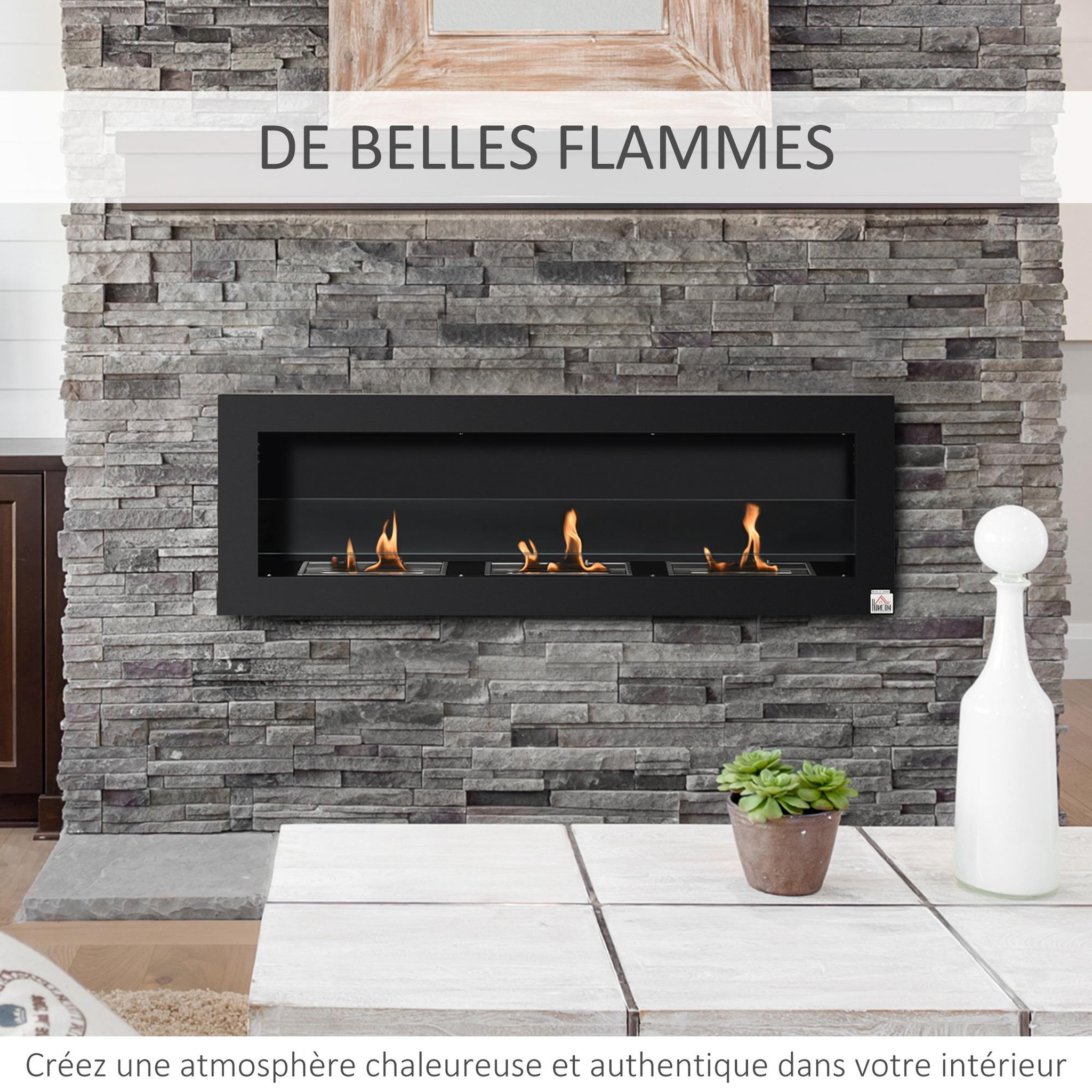 Voir la diapositive 6 : HOMCOM Cheminée bioéthanol murale design bauhaus - triple brûleur 1 l - pare-feu verre trempé, kit fixation inclus - acier inox. Acier dépoli noir
