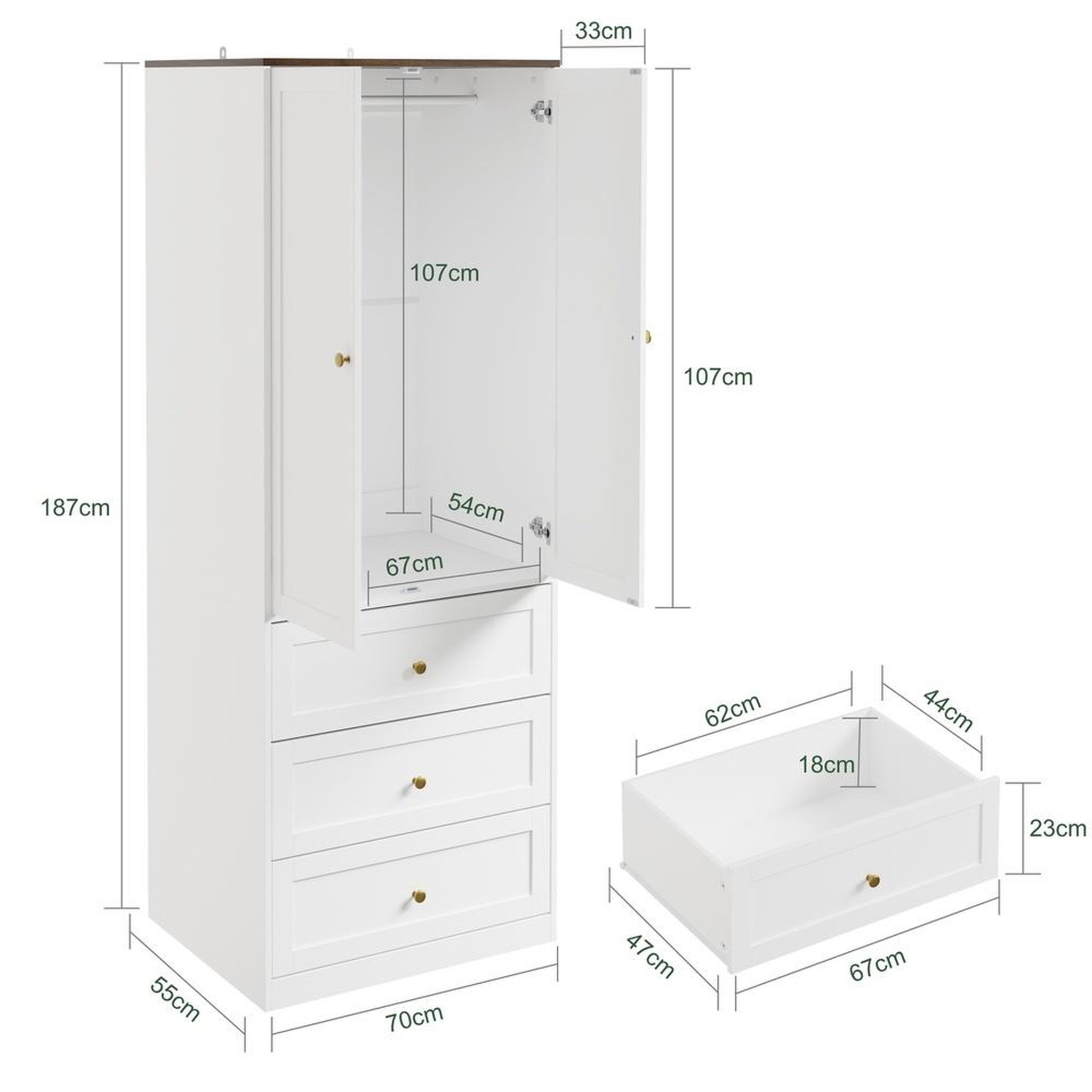 Voir la diapositive 3 : SOBUY Armoire 2 portes battantes avec 3 tiroirs blanc et bois 70x55x187cm ksb04-w