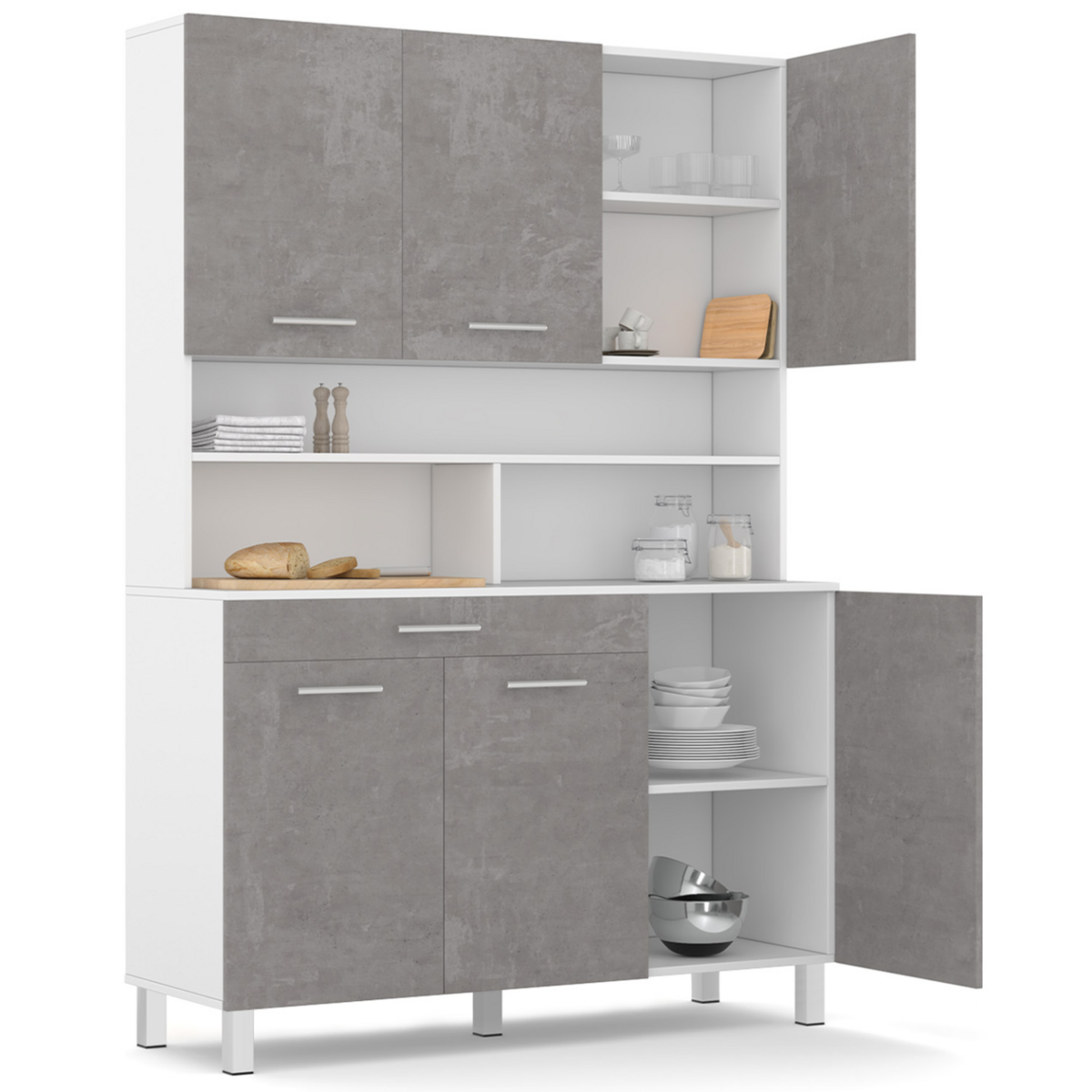 ID MARKET Buffet de cuisine 120 CM CINA 6 portes + tiroir blanc et effet béton