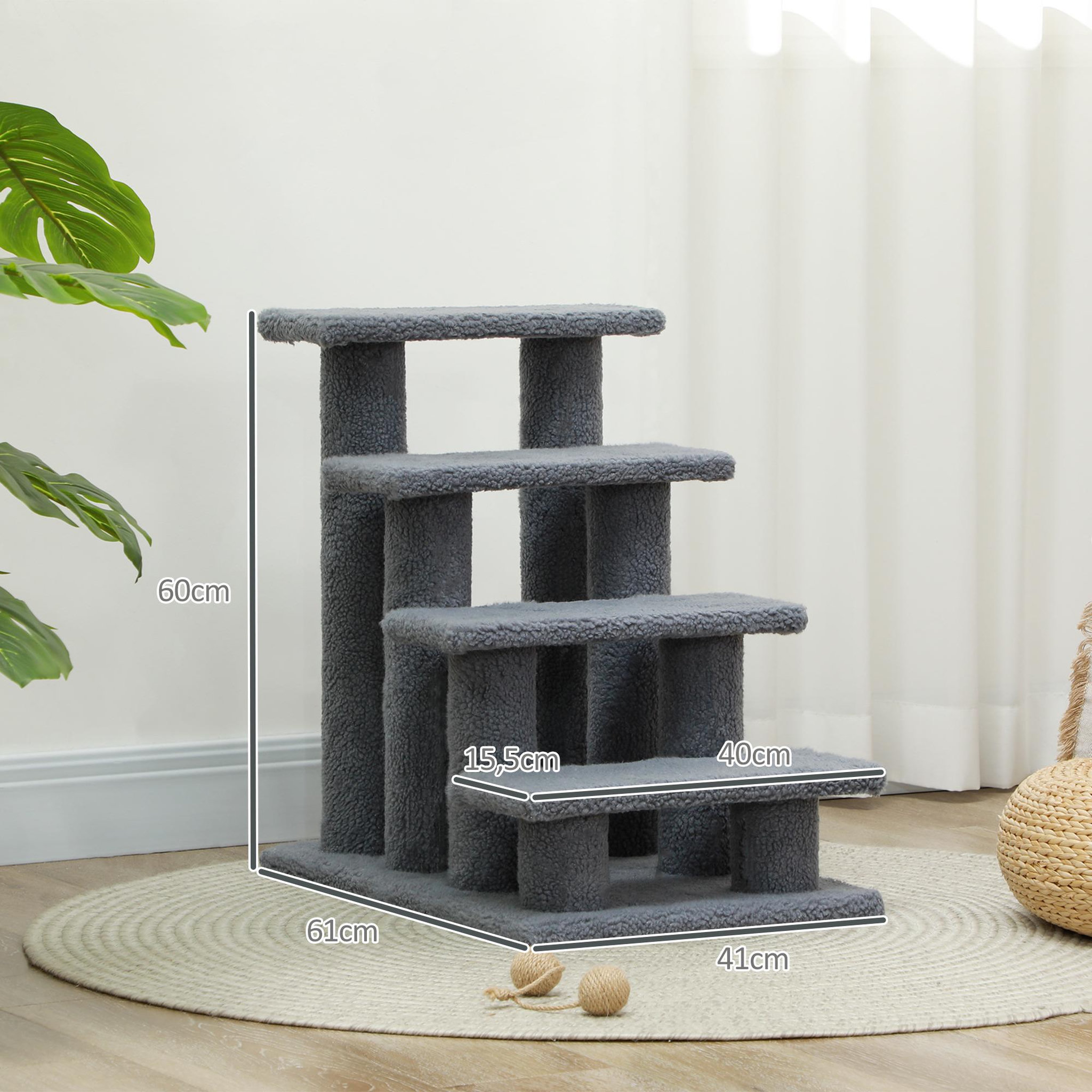 Voir la diapositive 3 : PAWHUT Escalier pour chat - escalier pour chien - 4 marches - revêtement flanelle grande douceur haute densité - structure panneaux particules - gris