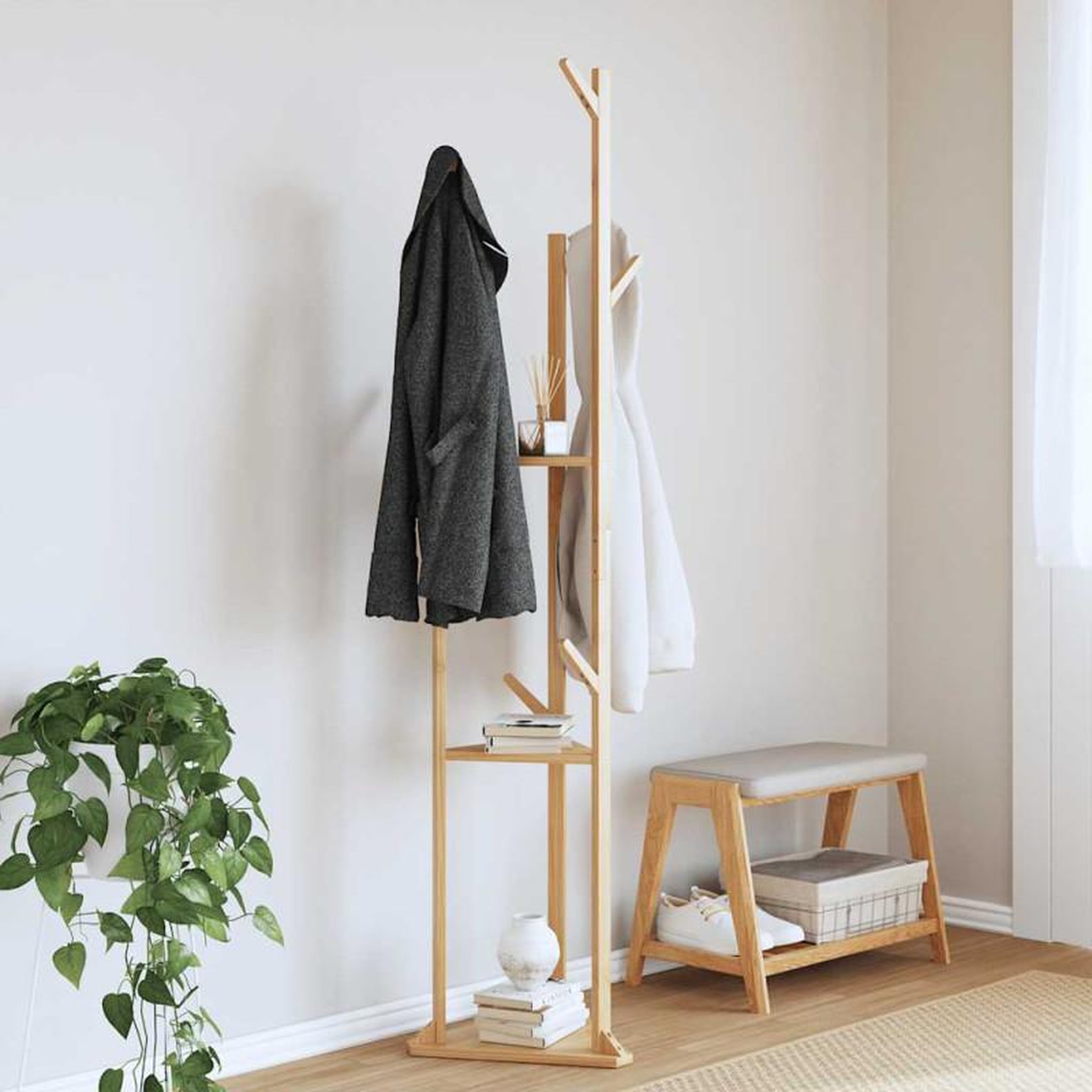 Voir la diapositive 2 : VIDAXL Porte manteau avec crochets et étagères 39x33x166 cm bambou