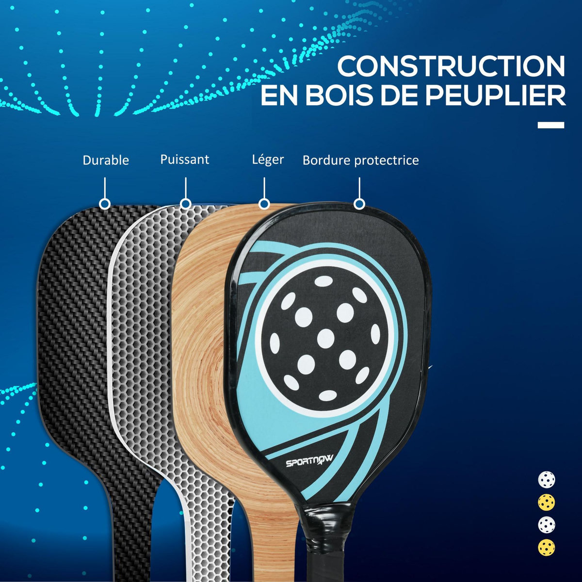 HOMCOM Lot de 4 raquettes de pickleball 4 balles jaune et sac de transport bleu noir