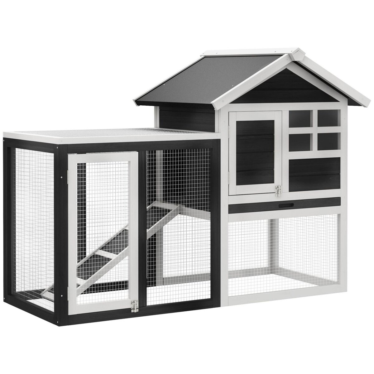 PAWHUT Clapier cage à lapins multi-équipé : niche supérieure avec rampe, plateau excrément, fenêtre + enclos  extérieur sécurisé 2 portes 122L x 63l x 92H cm gris