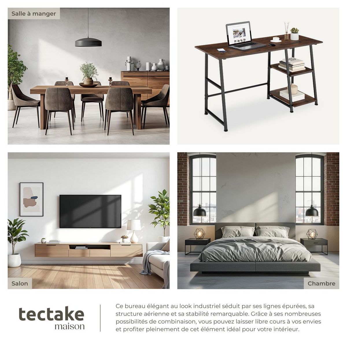 tectake Bureau Style industriel Étagère latérale avec 2 compartiments de stockage