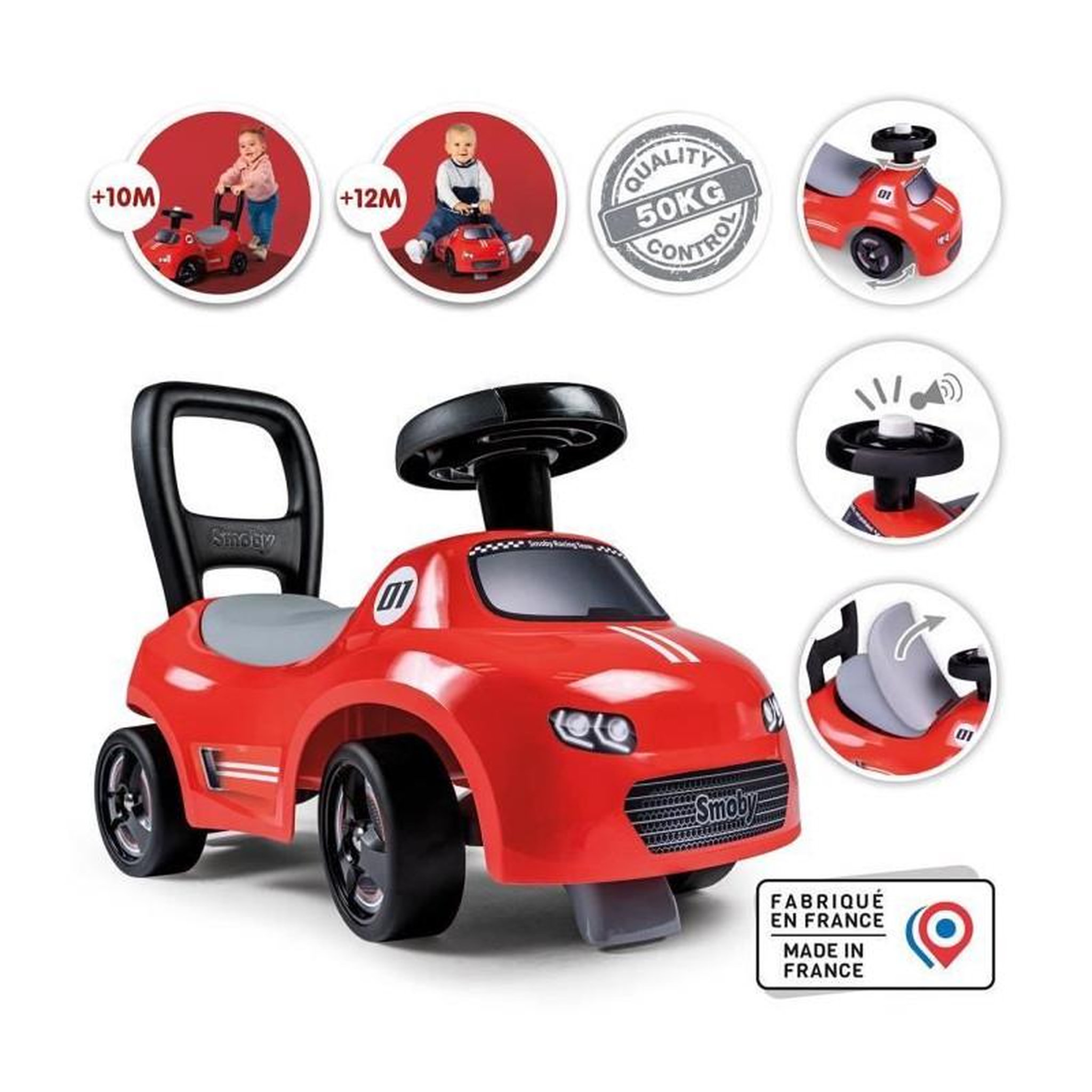 SMOBY Smoby - Porteur enfant 2 en 1 - Auto Rouge - Coffre sous la selle + klaxon - Des 10 mois - Fabrication française