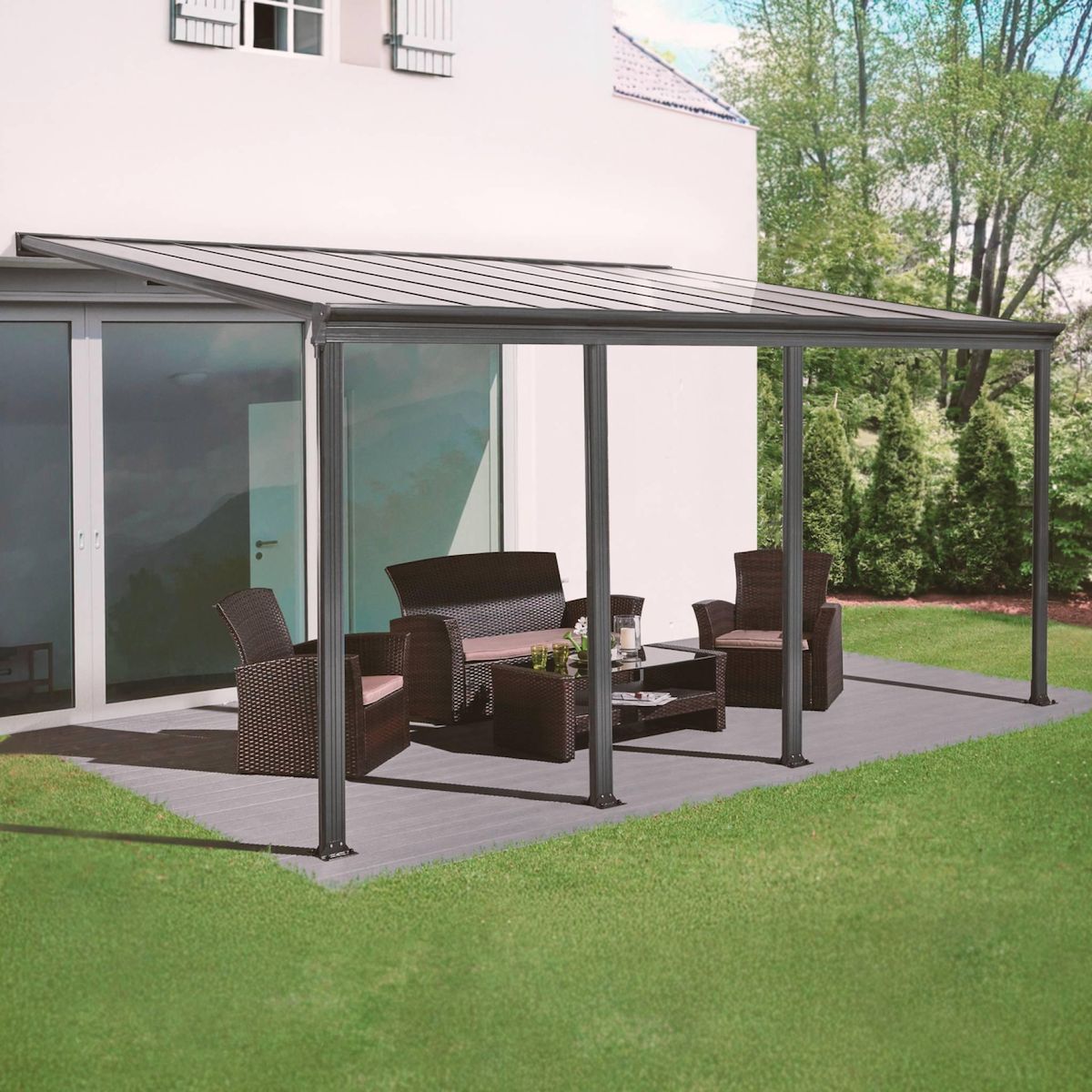 SWEEEK Pergola murale 3x6m anthracite aluminium et polycarbonate avec gouttière. pergola adossée