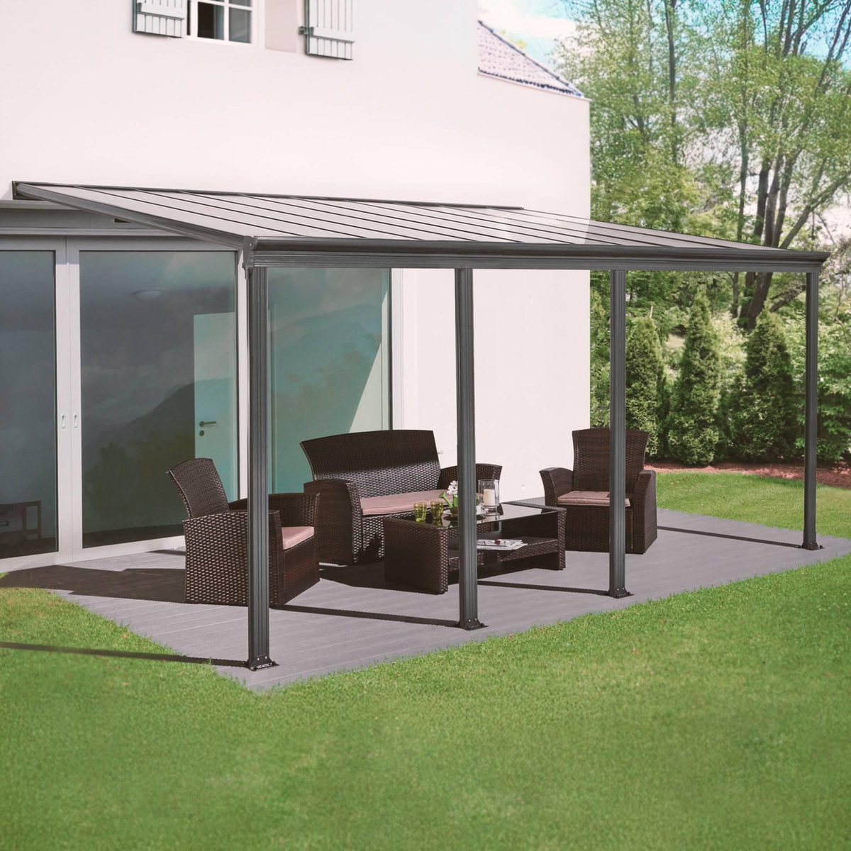 SWEEEK Pergola murale 3x6m anthracite aluminium et polycarbonate avec gouttière. pergola adossée