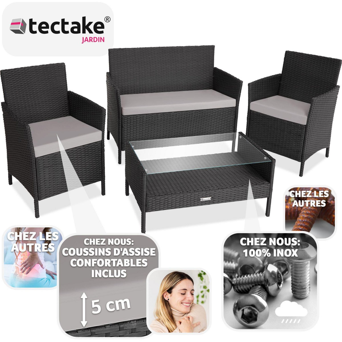 tectake Salon de jardin Pour 4 personnes noir/gris