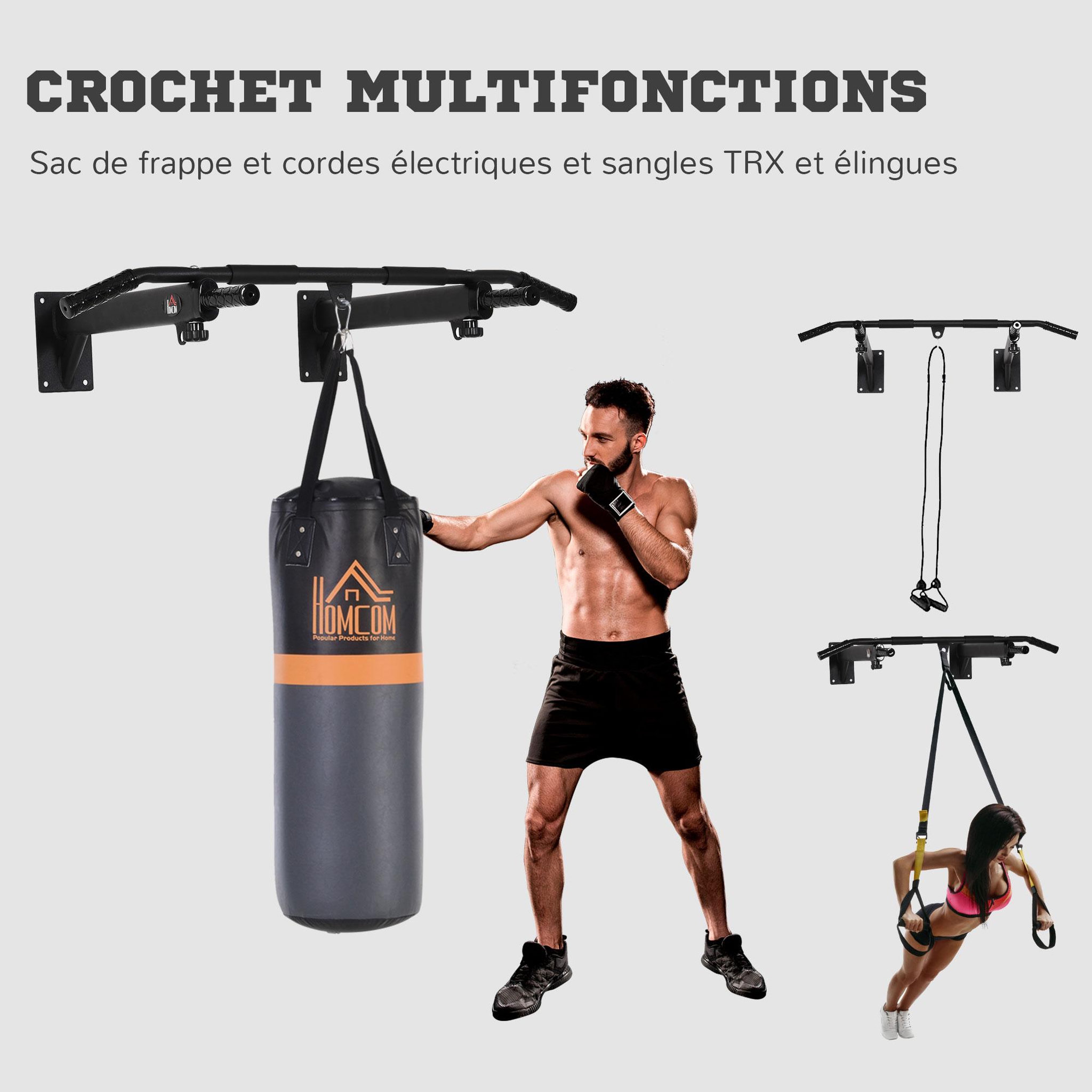 Voir la diapositive 5 : HOMCOM Barre de traction barre de fitness fixation murale support sac de frappe ou sangles trx intégré charge max. 150 kg acier noir