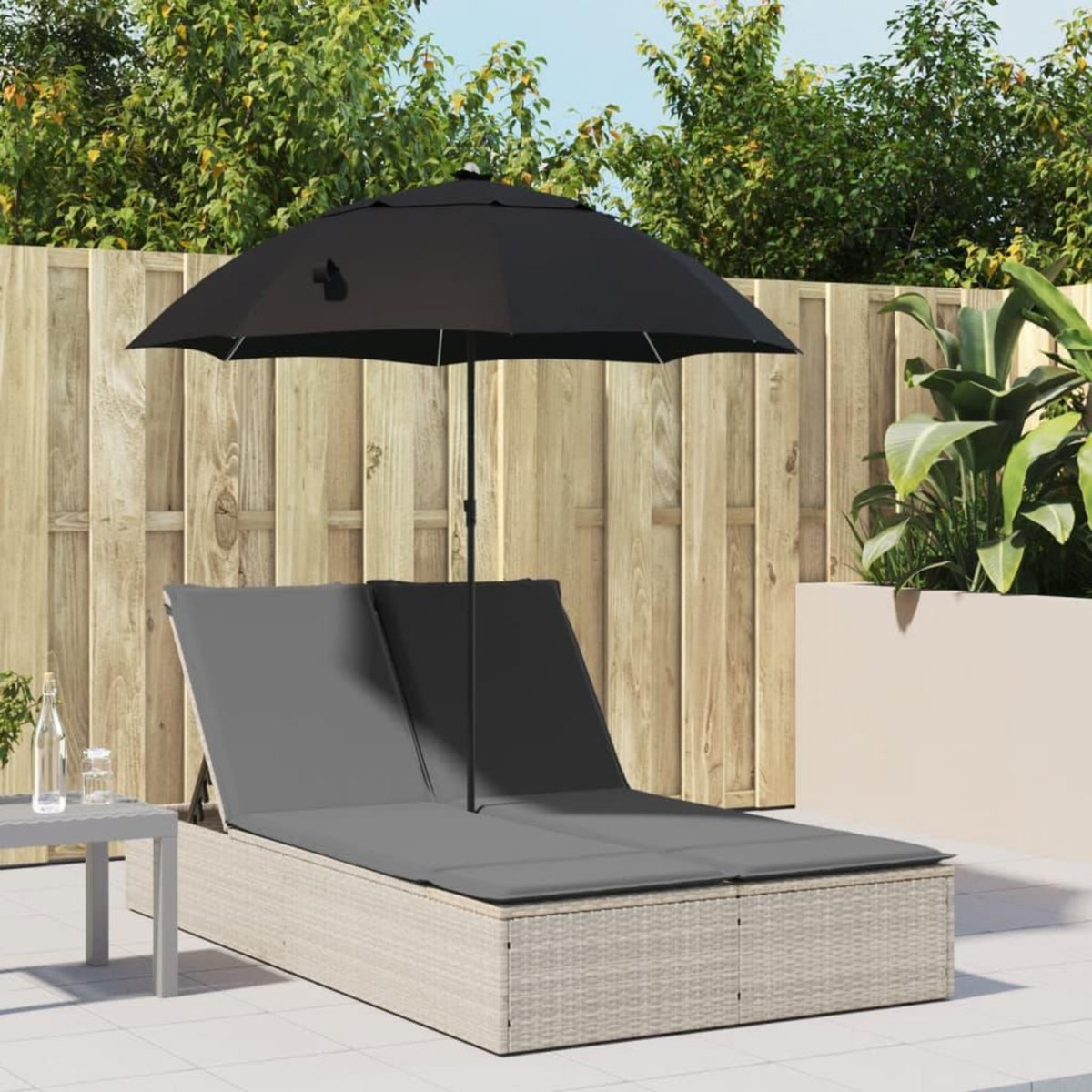 VIDAXL Chaise longue double avec coussins et parasol gris clair rotin