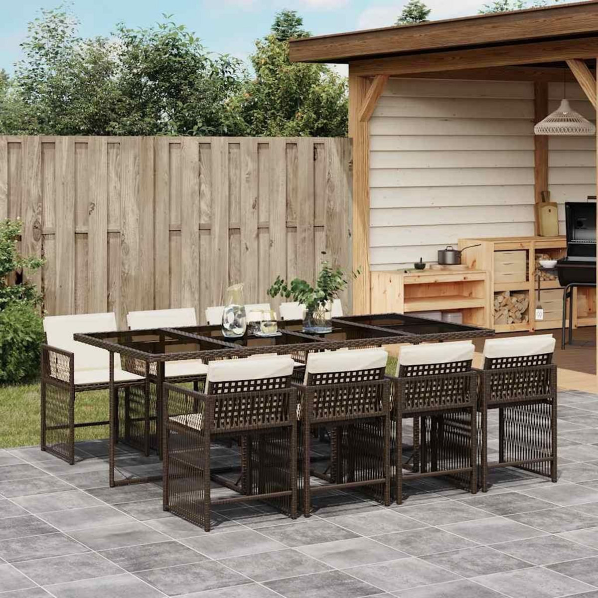VIDAXL Ensemble a manger de jardin et coussins 9 pcs marron poly rotin